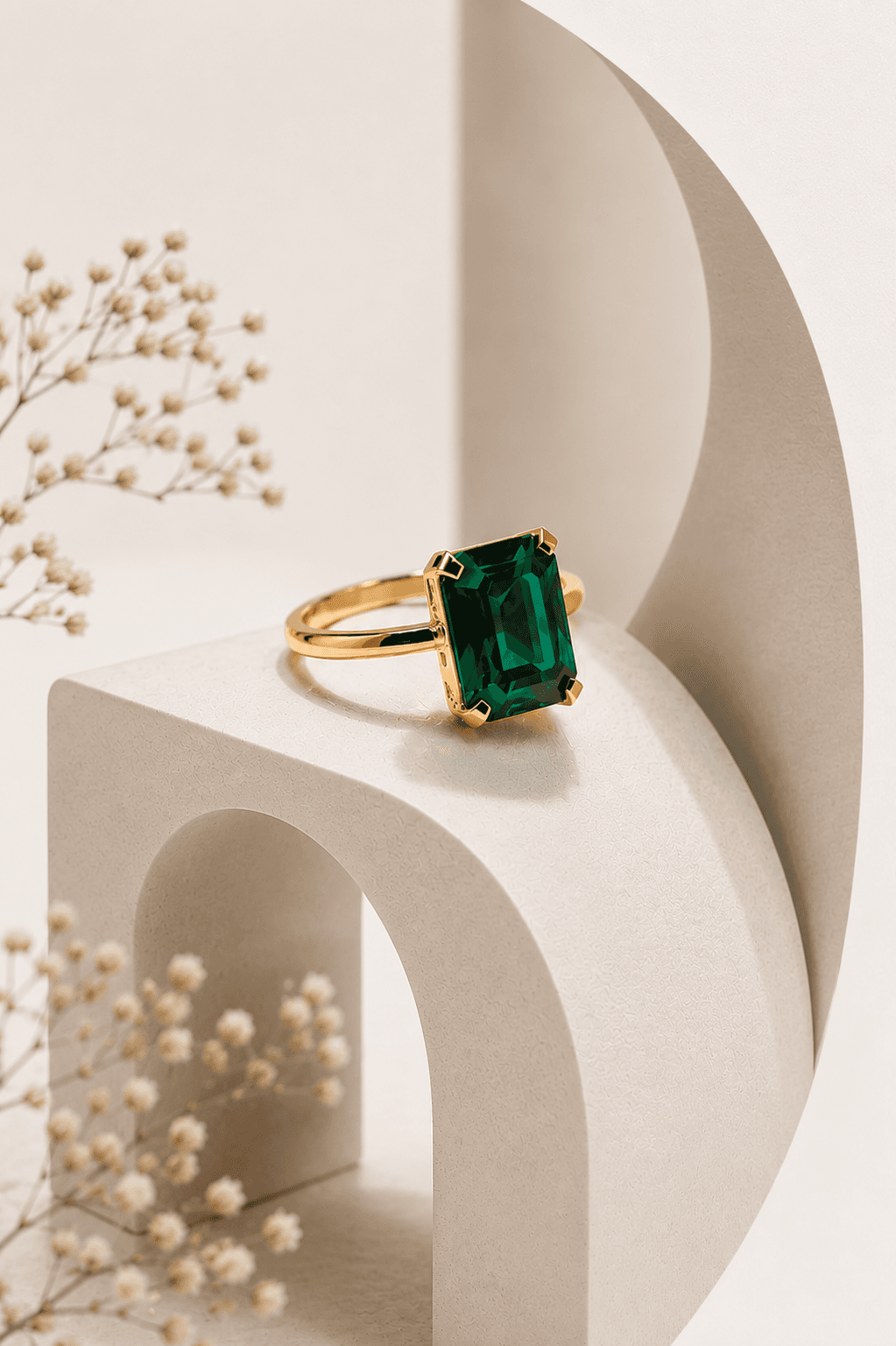 An Aniqas gold ring set with an emerald-cut green gemstone, resting on a pale plaster arch