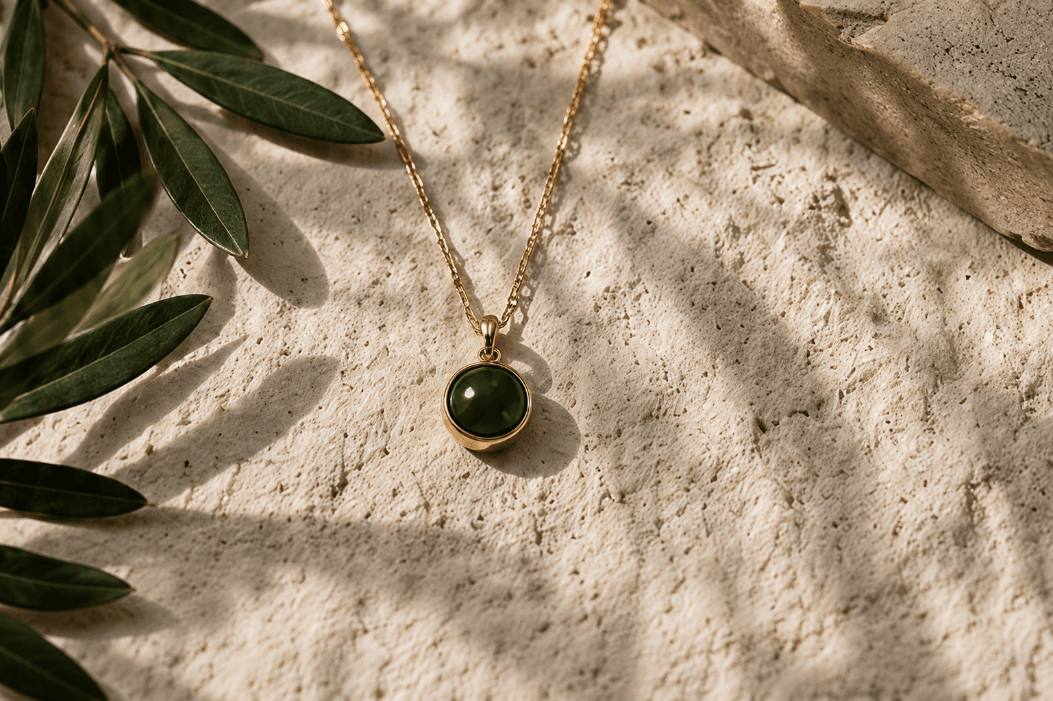 Green-stone gold jewellery arranged on a ceramic dish beside dried blooms