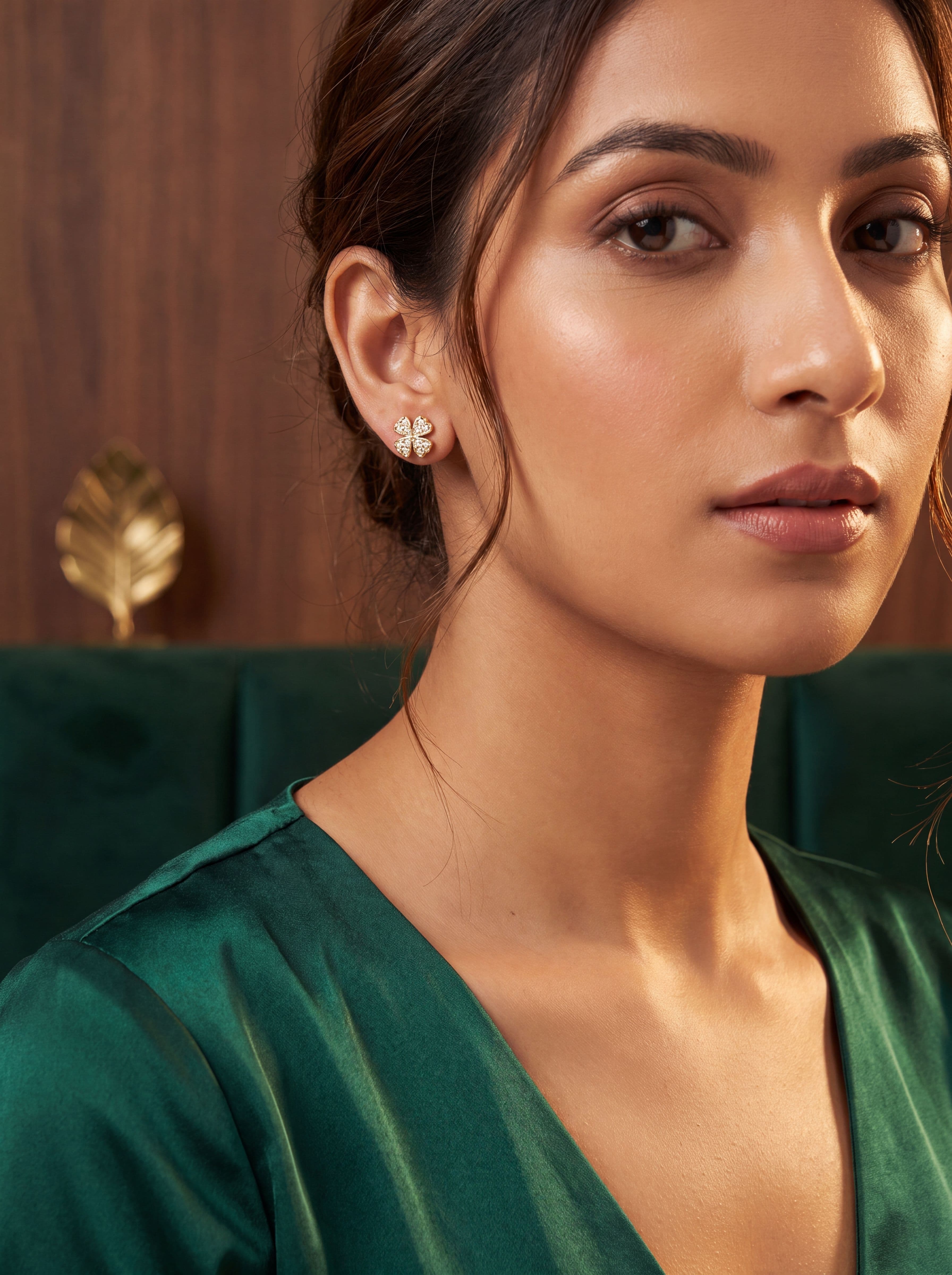 Elegant Gold Four Leaf Clover CZ Stud Earrings for Women | American Diamond Lucky Clover Butti
