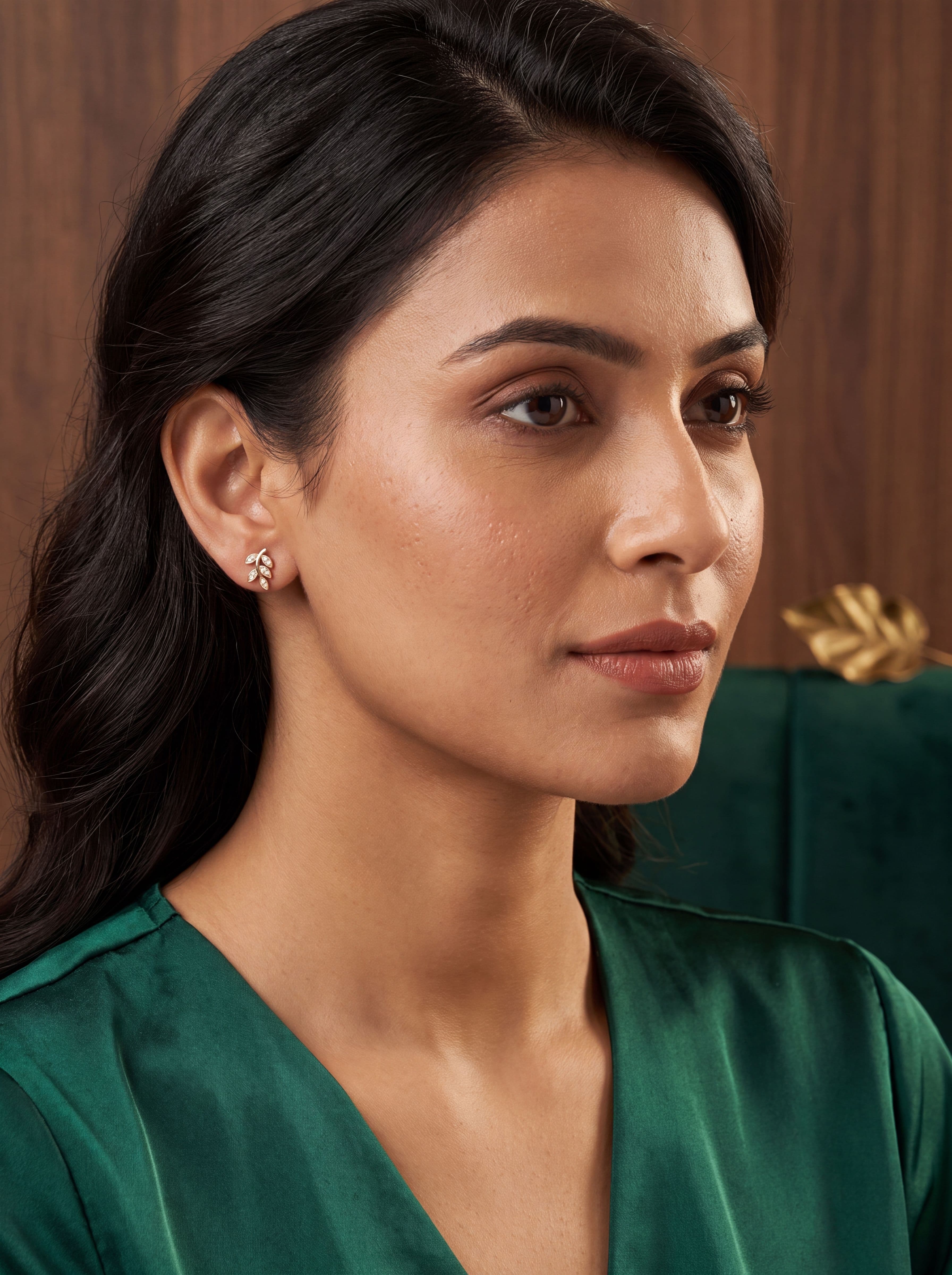 Elegant Gold Leaf CZ Stud Earrings for Women | American Diamond Nature-Inspired Designer Butti