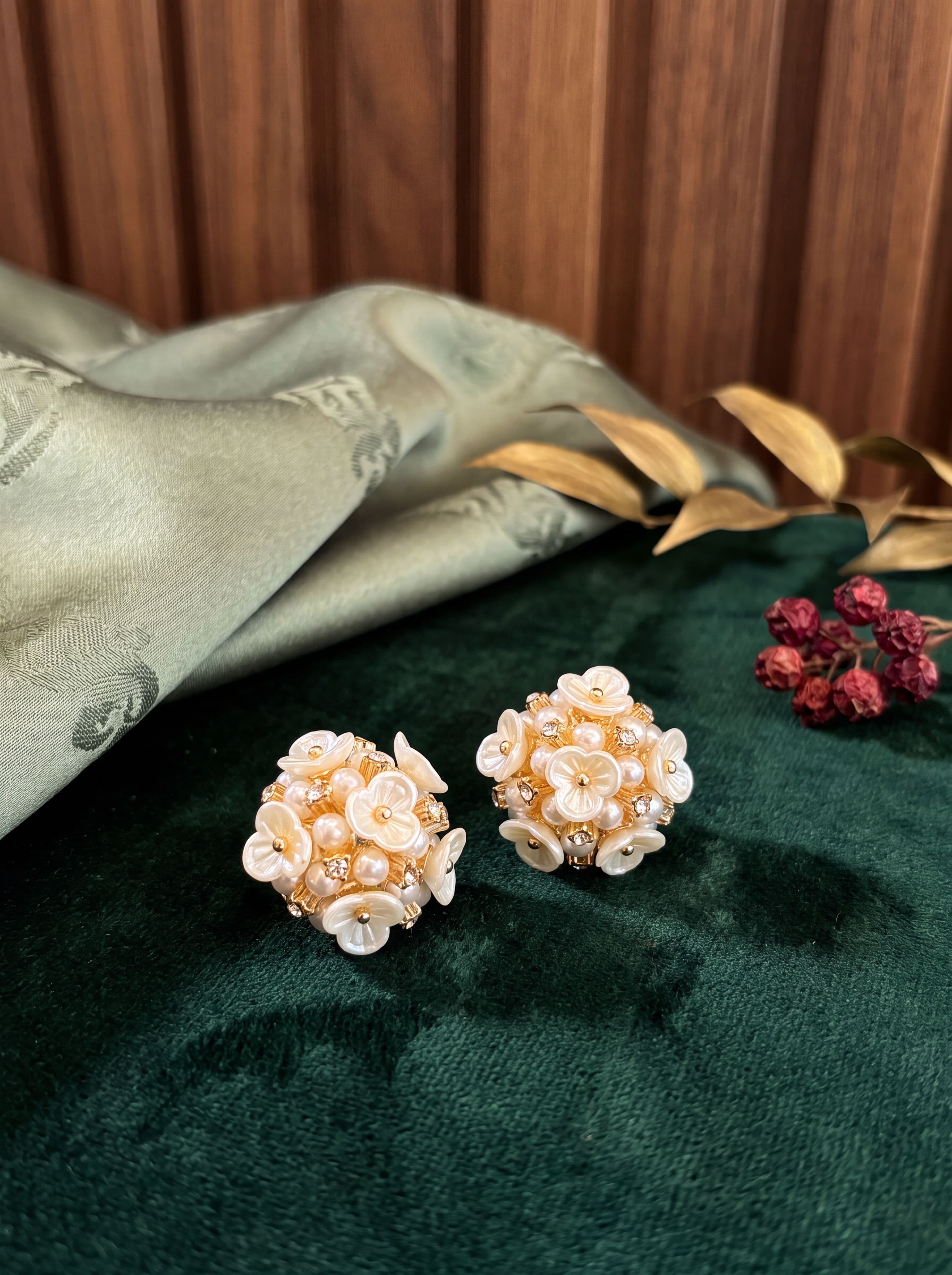 Luxury Pearl Floral Cluster Stud Earrings for Women | Gold-Tone Designer Statement Earrings