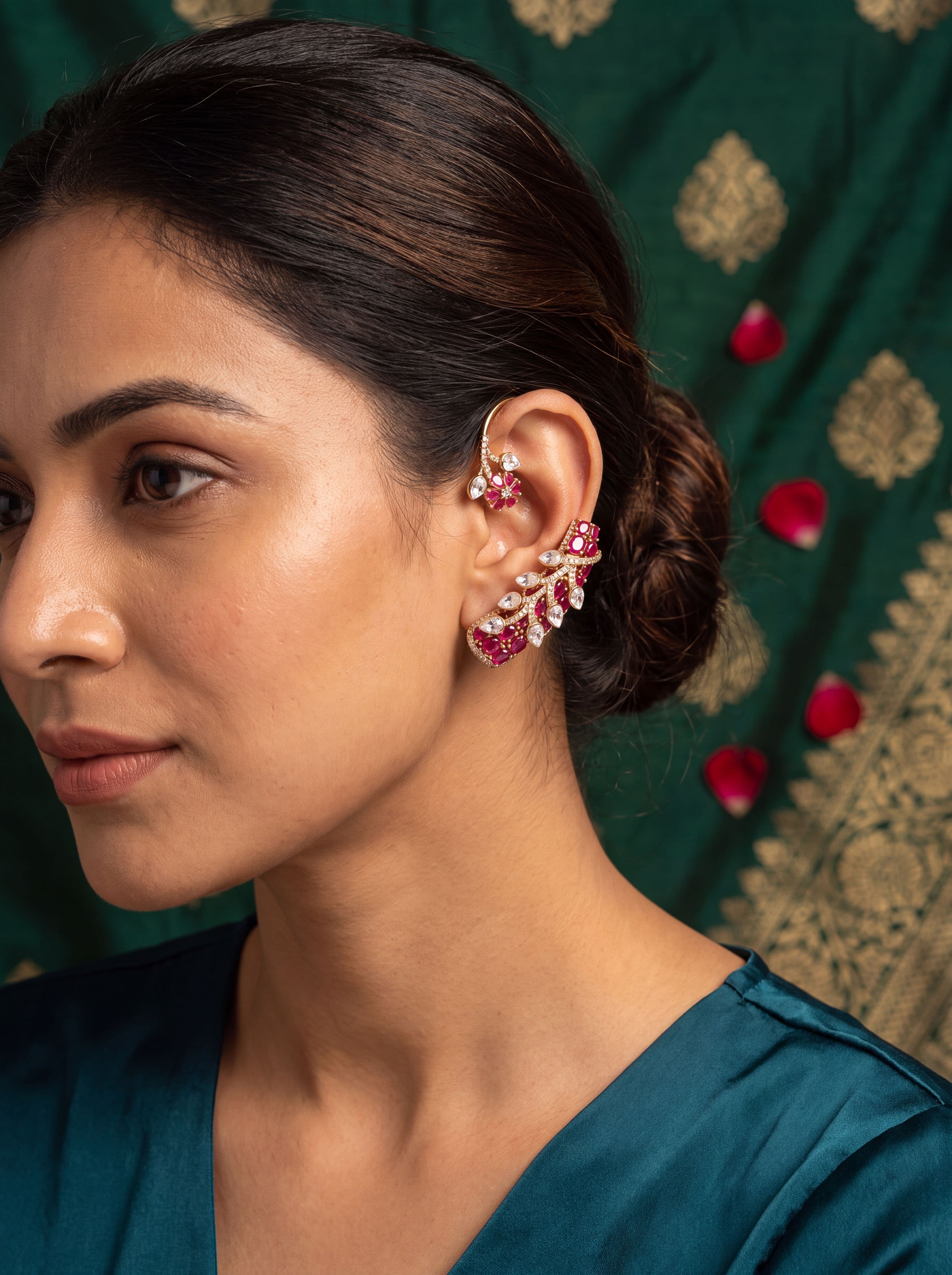 Premium AD Diamond Mehendi Polish Ruby Pink Ear Cuff Earrings for Women | Kundan & CZ Designer Statement Earrings