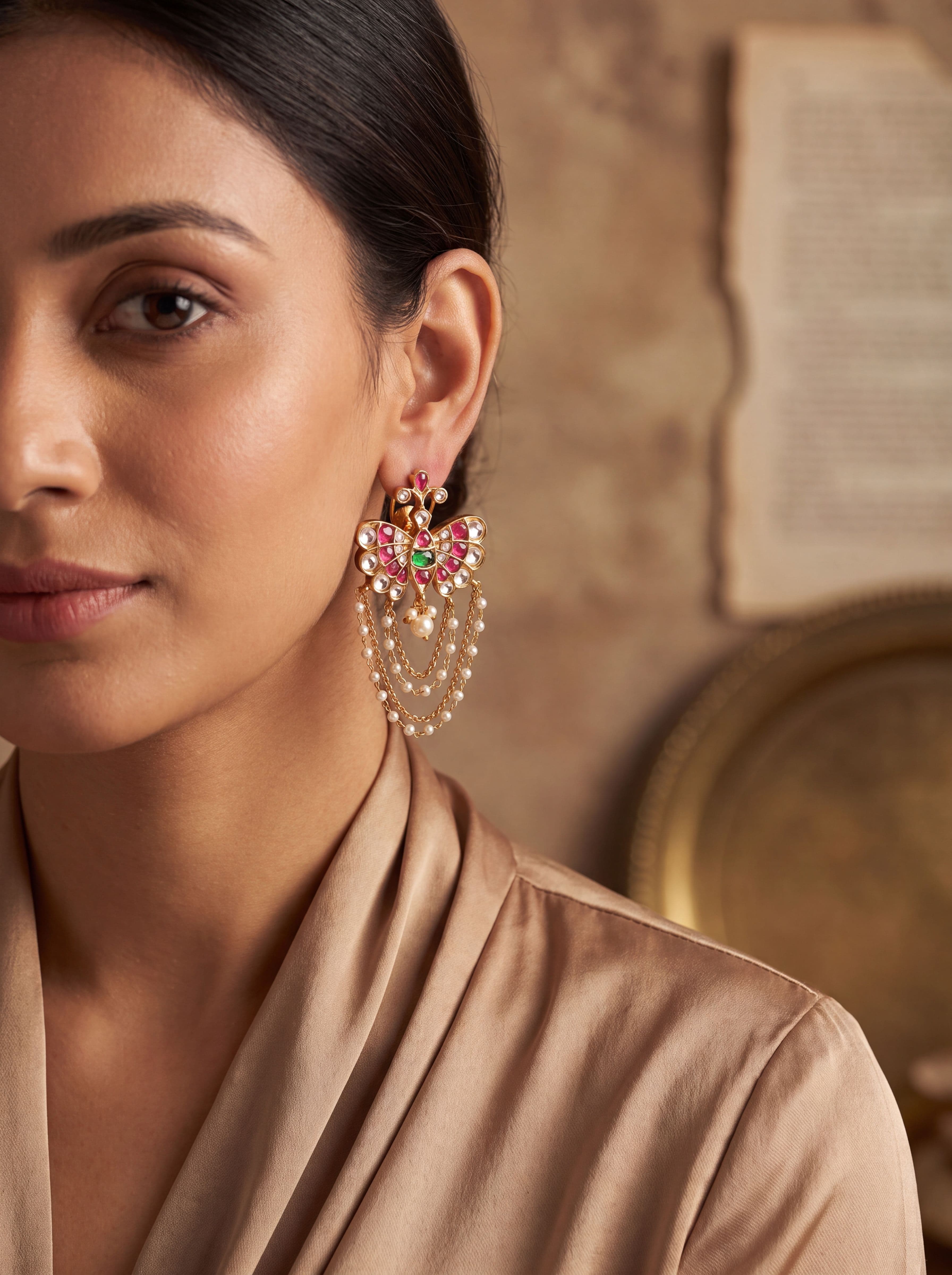 Premium Brass High Gold Peacock Kundan Pearl Chain Earrings for Women | Traditional Designer Statement Earrings