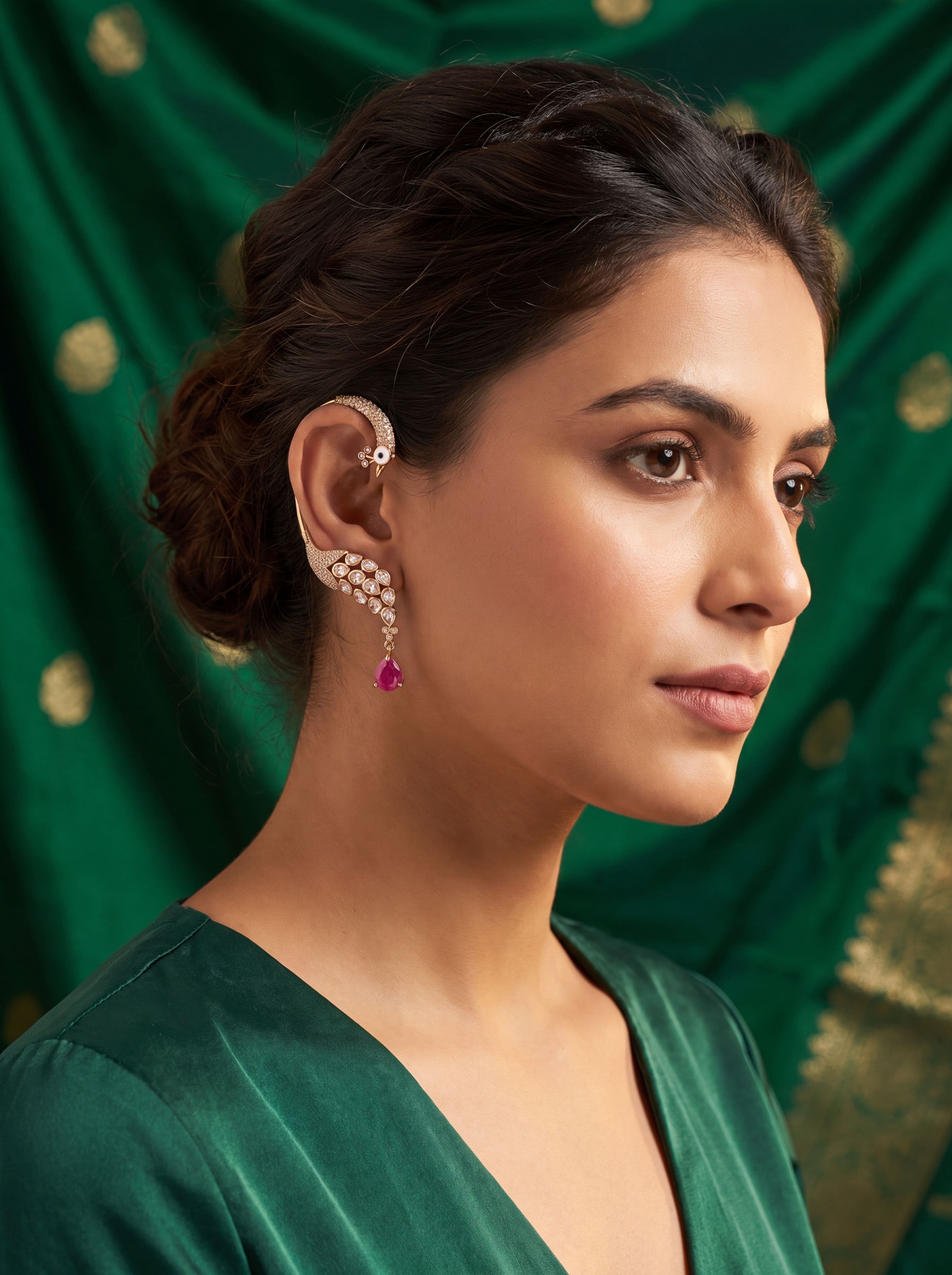 Premium AD Diamond Mehendi Polish Peacock Ear Cuff Earrings for Women | Kundan Pink Stone Designer Statement Earrings