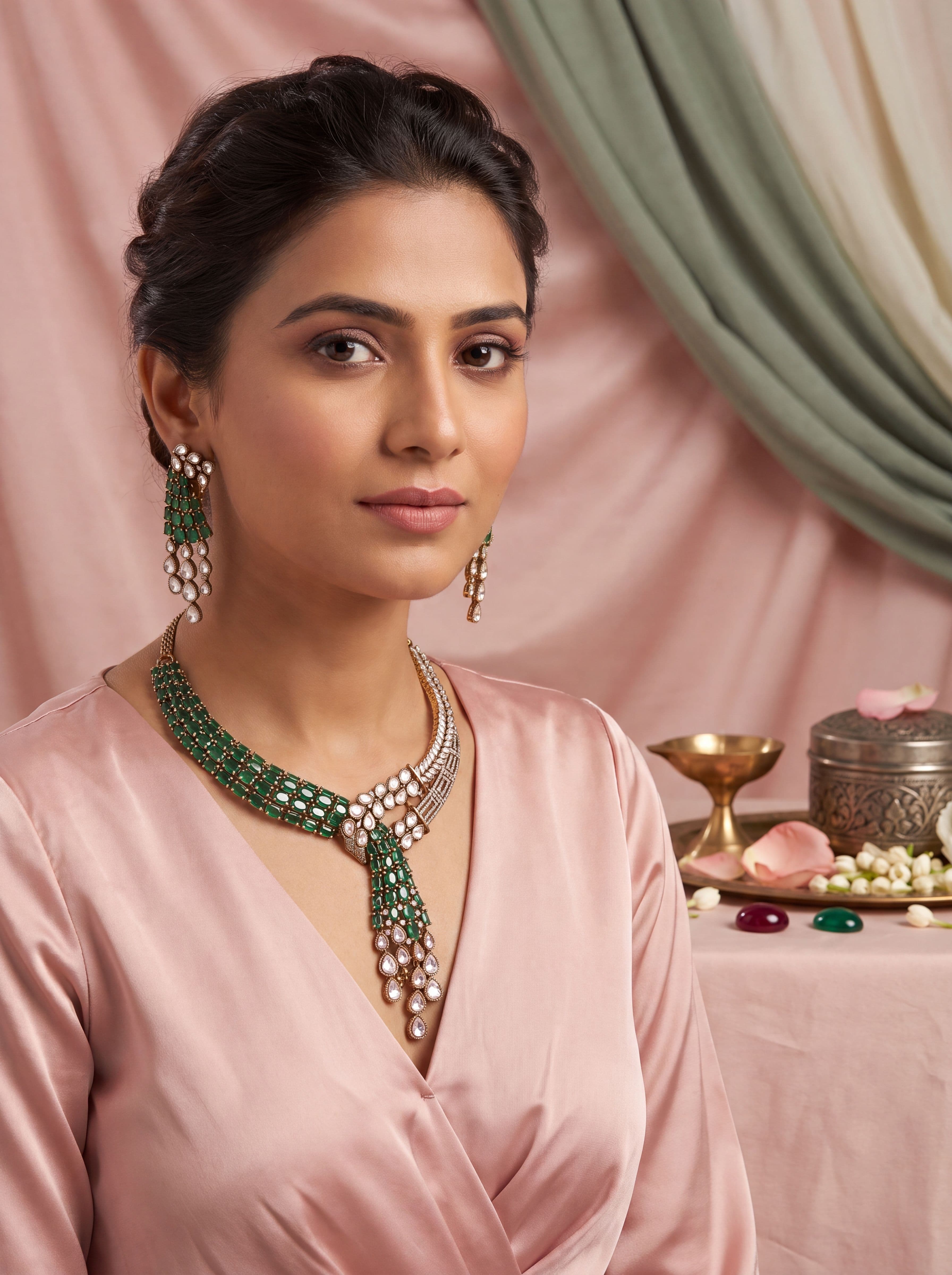 Emerald Green Kundan Necklace Set with AD Stones | Mehendi Polish Designer Bridal Jewelry for Women