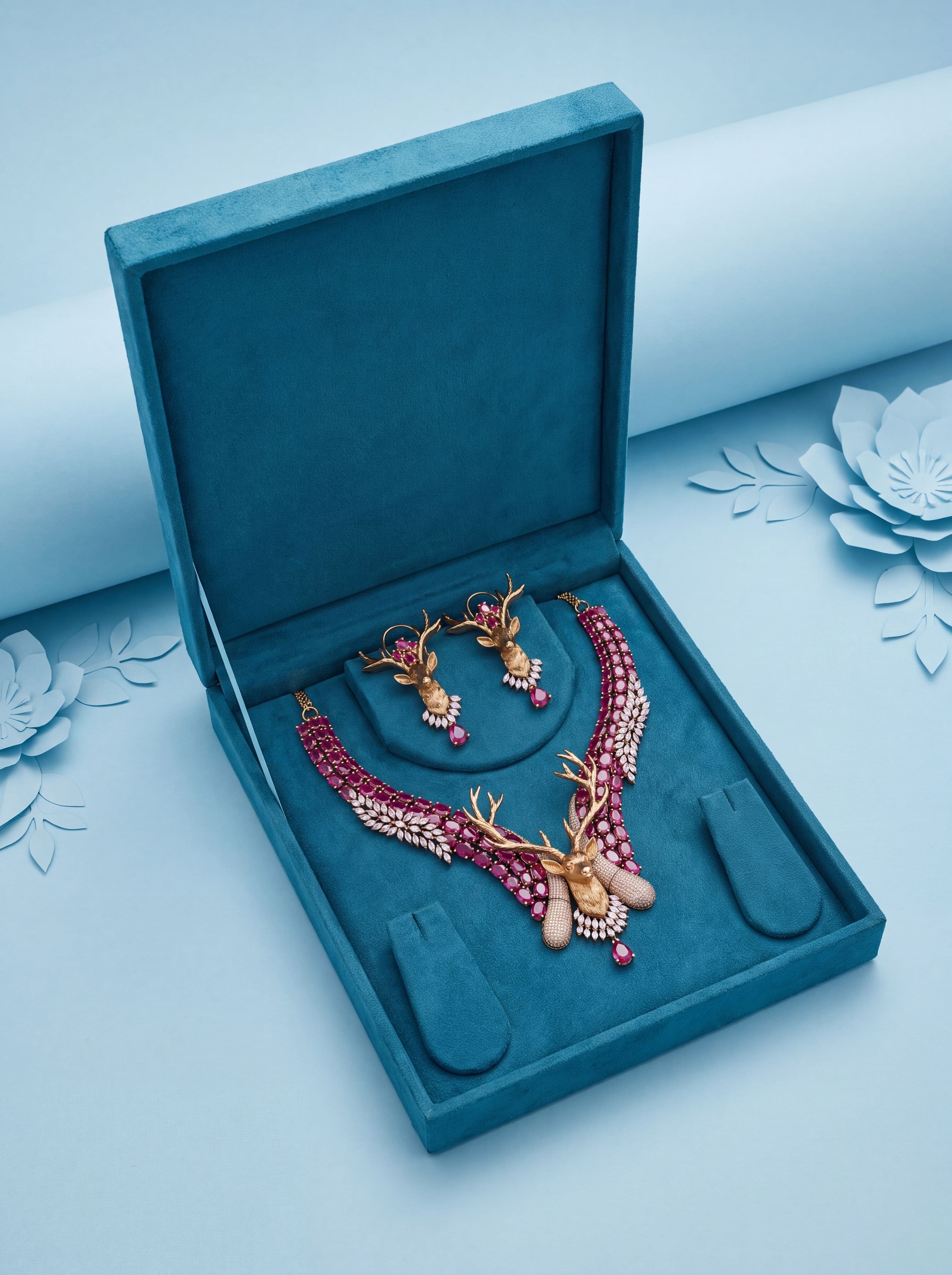 Royal Deer Ruby Red Kundan Necklace Set with AD Stones | Mehendi Polish Designer Bridal Jewelry for Women