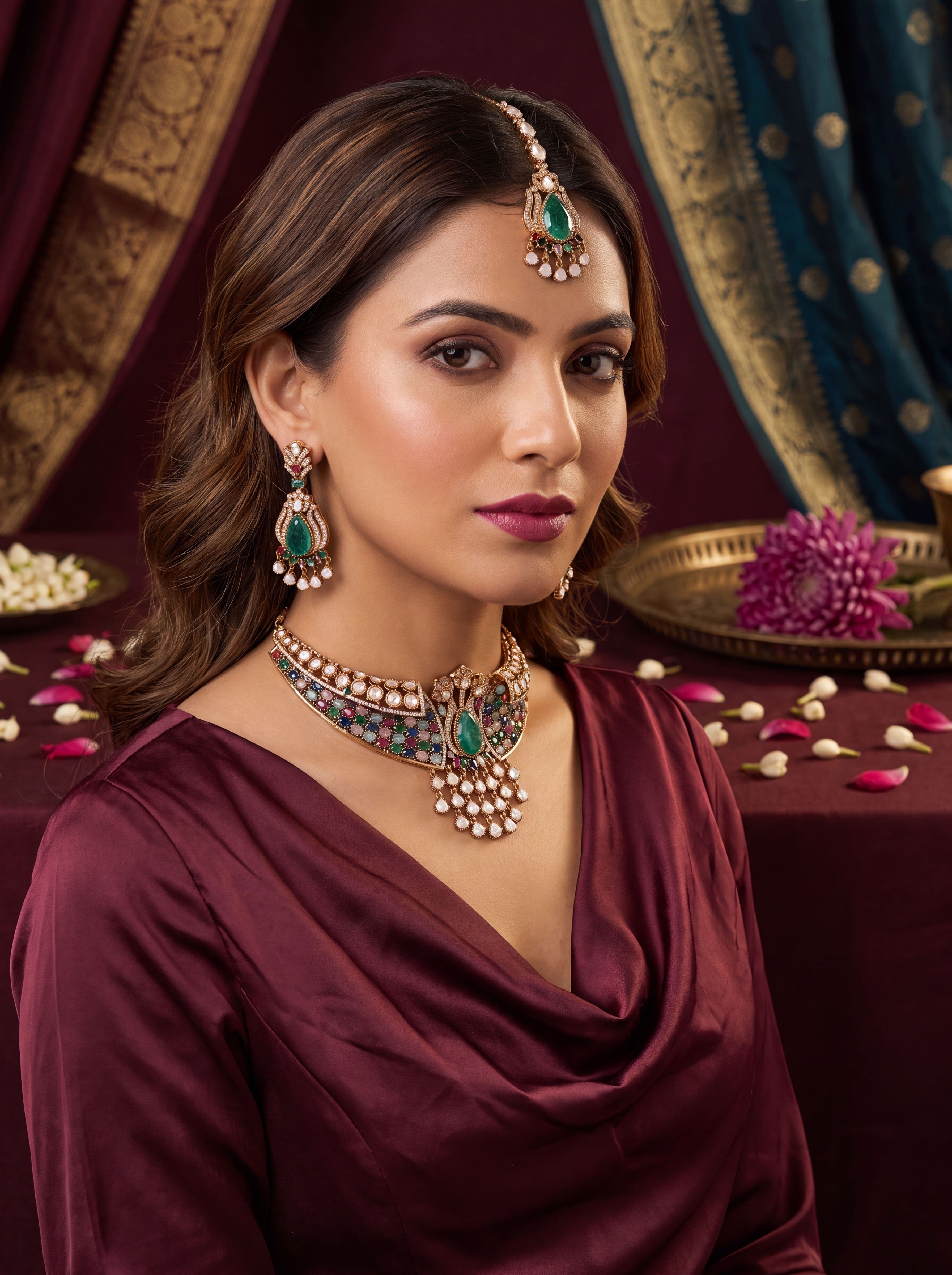 Luxury Emerald Multicolor Kundan Mehendi Polish Choker Necklace Set with Earrings & Maang Tikka | Bridal AD Diamond Wedding Jewelry for Women