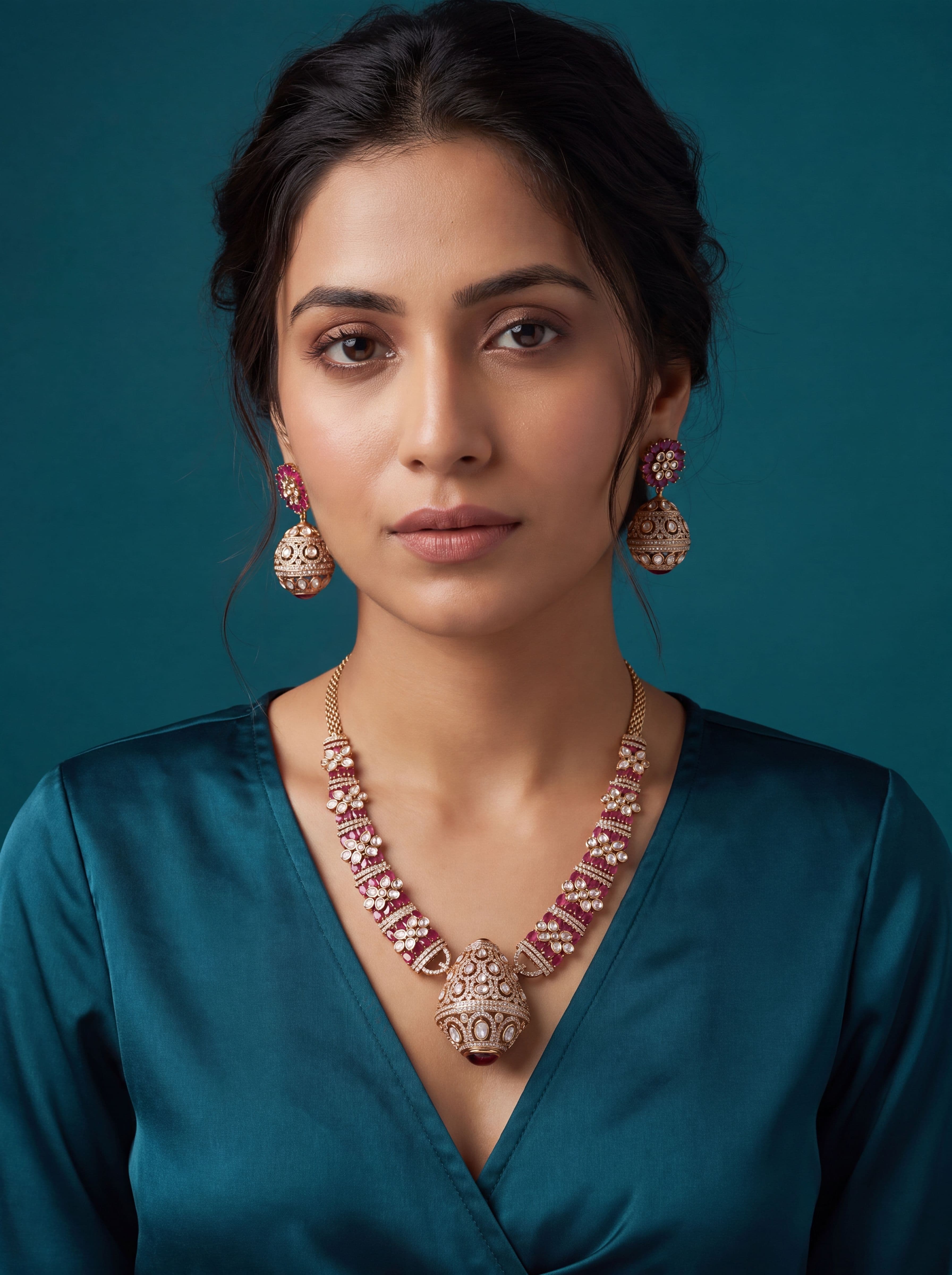 Royal Pink Kundan Mahendi Polish Jhumka Pendant Necklace Set with AD Stones