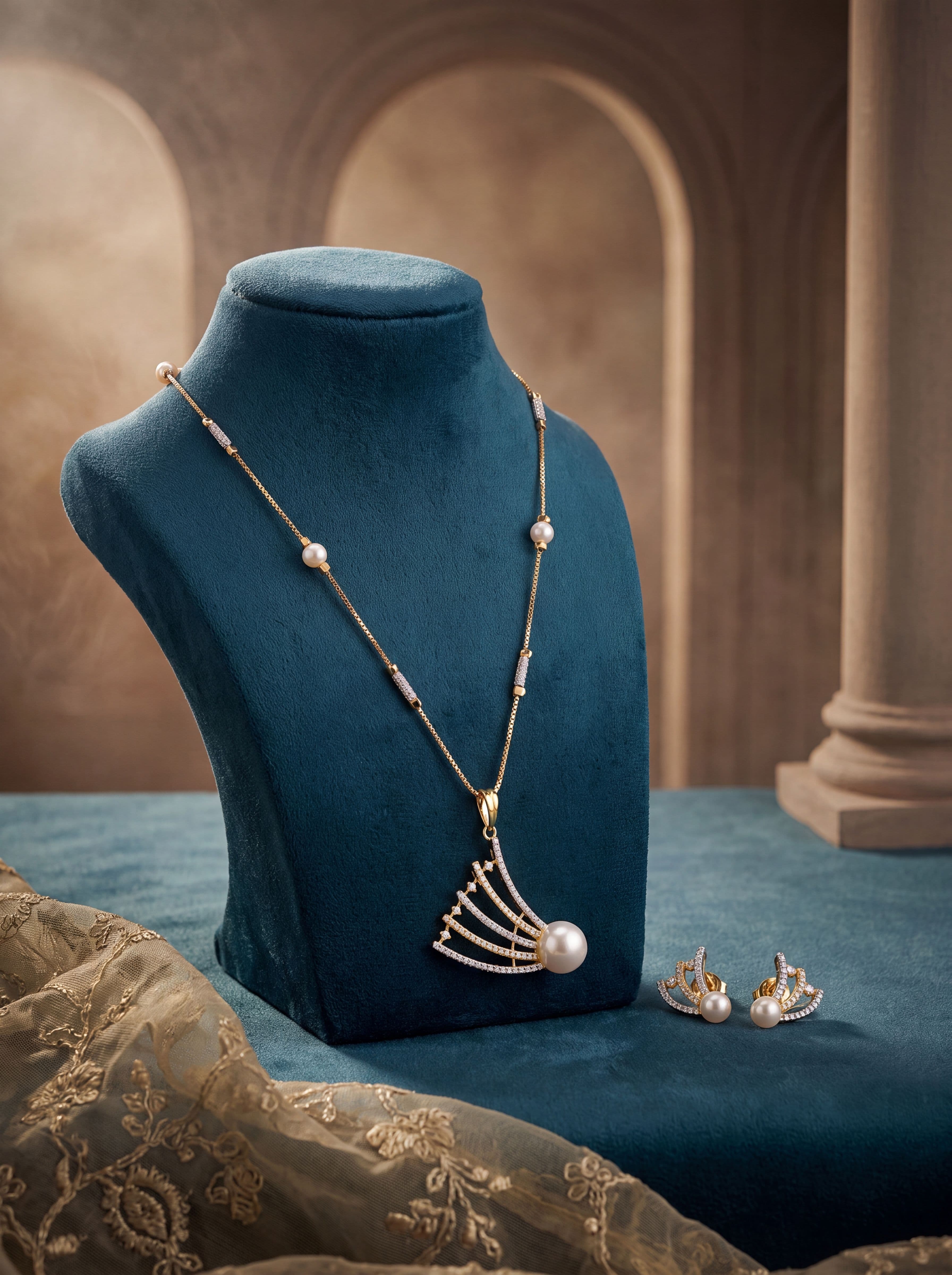 Luxury Two-Tone American Diamond Pearl Pendant Set with Earrings for Women | Gold & Silver Finish CZ Jewelry