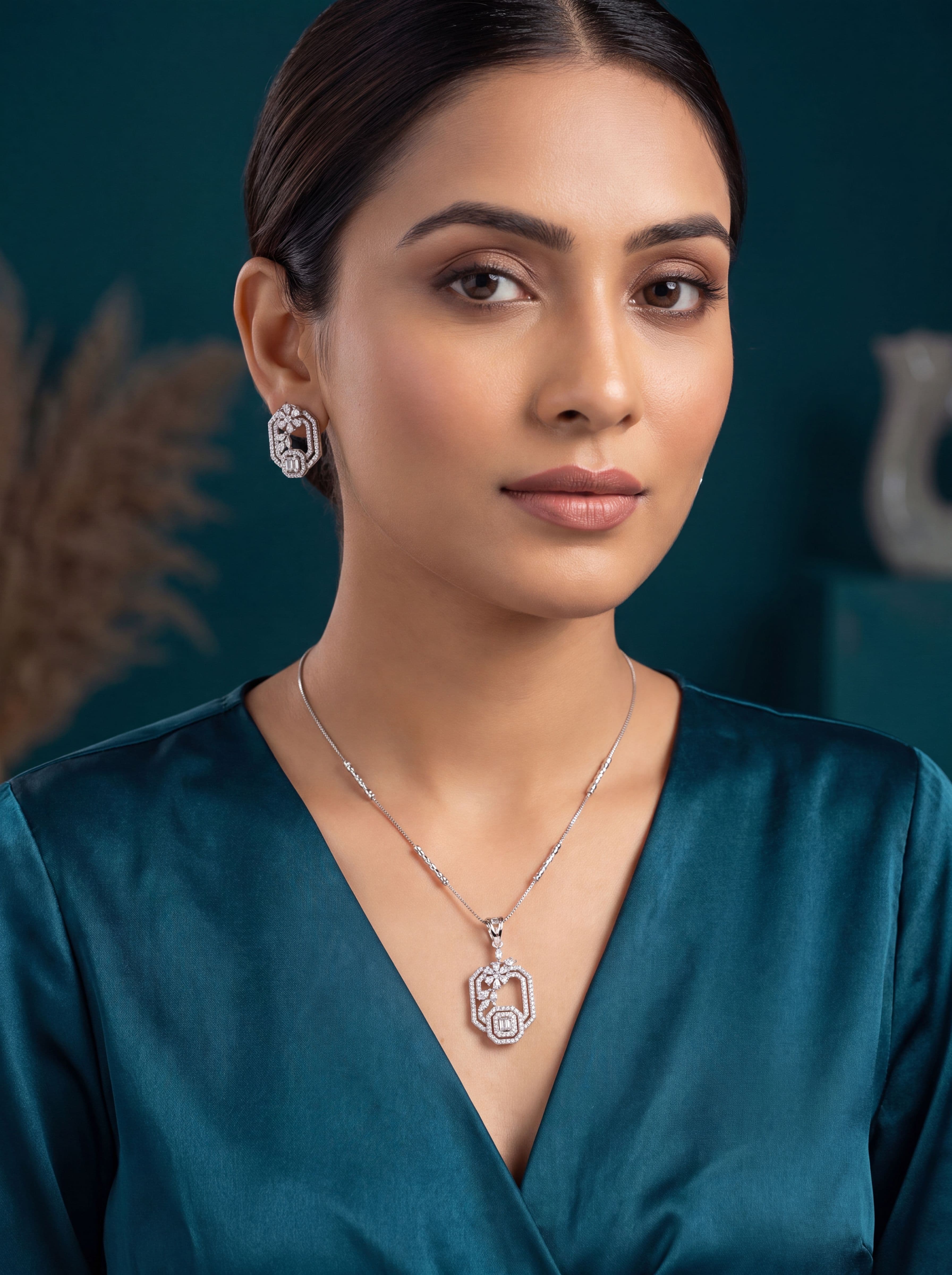 Premium American Diamond Silver Pendant Set with Earrings | CZ Crystal Pendant Necklace for Women