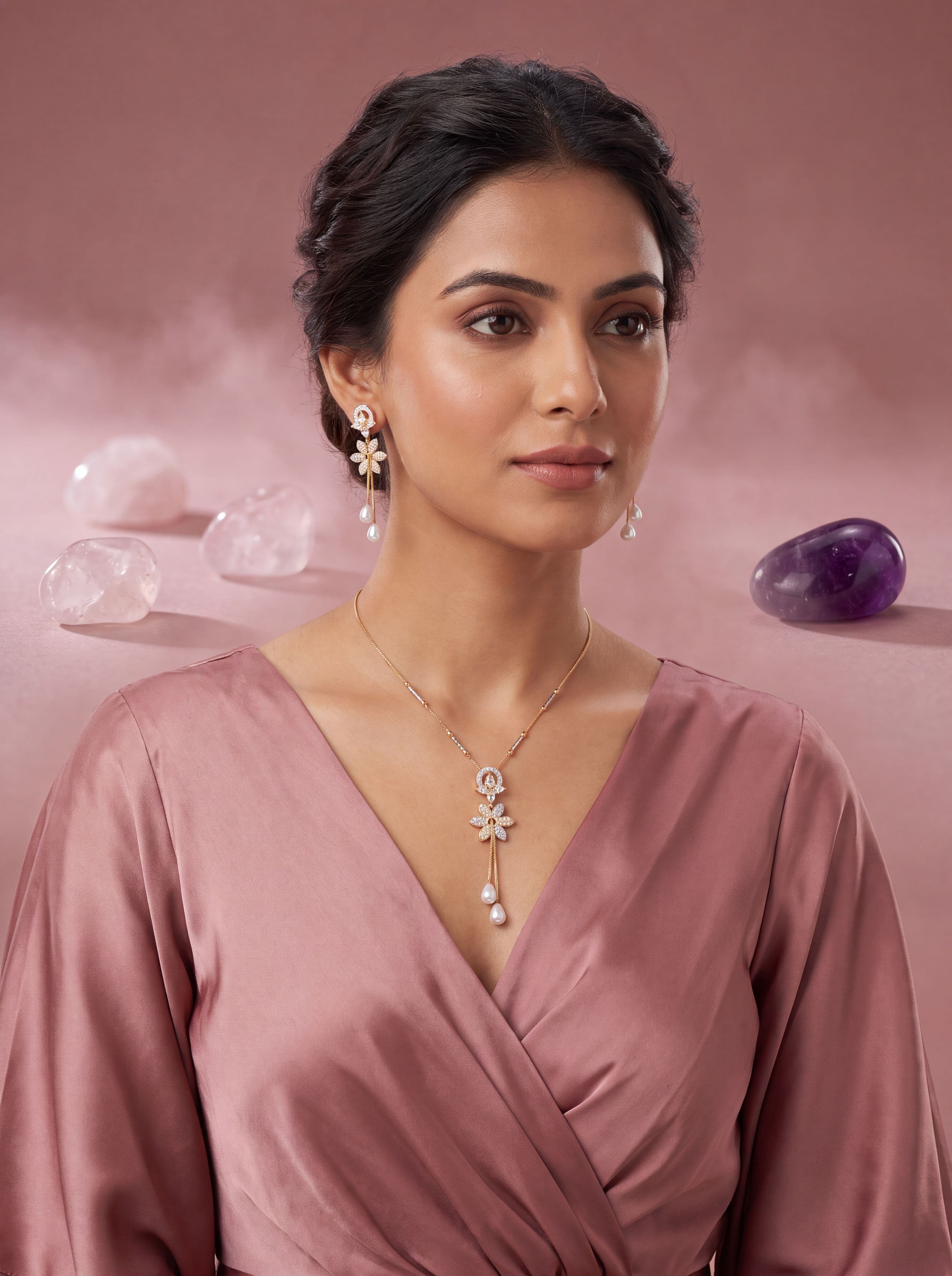 Luxury Two-Tone American Diamond Floral Pearl Pendant Set with Earrings | Designer CZ Necklace for Women