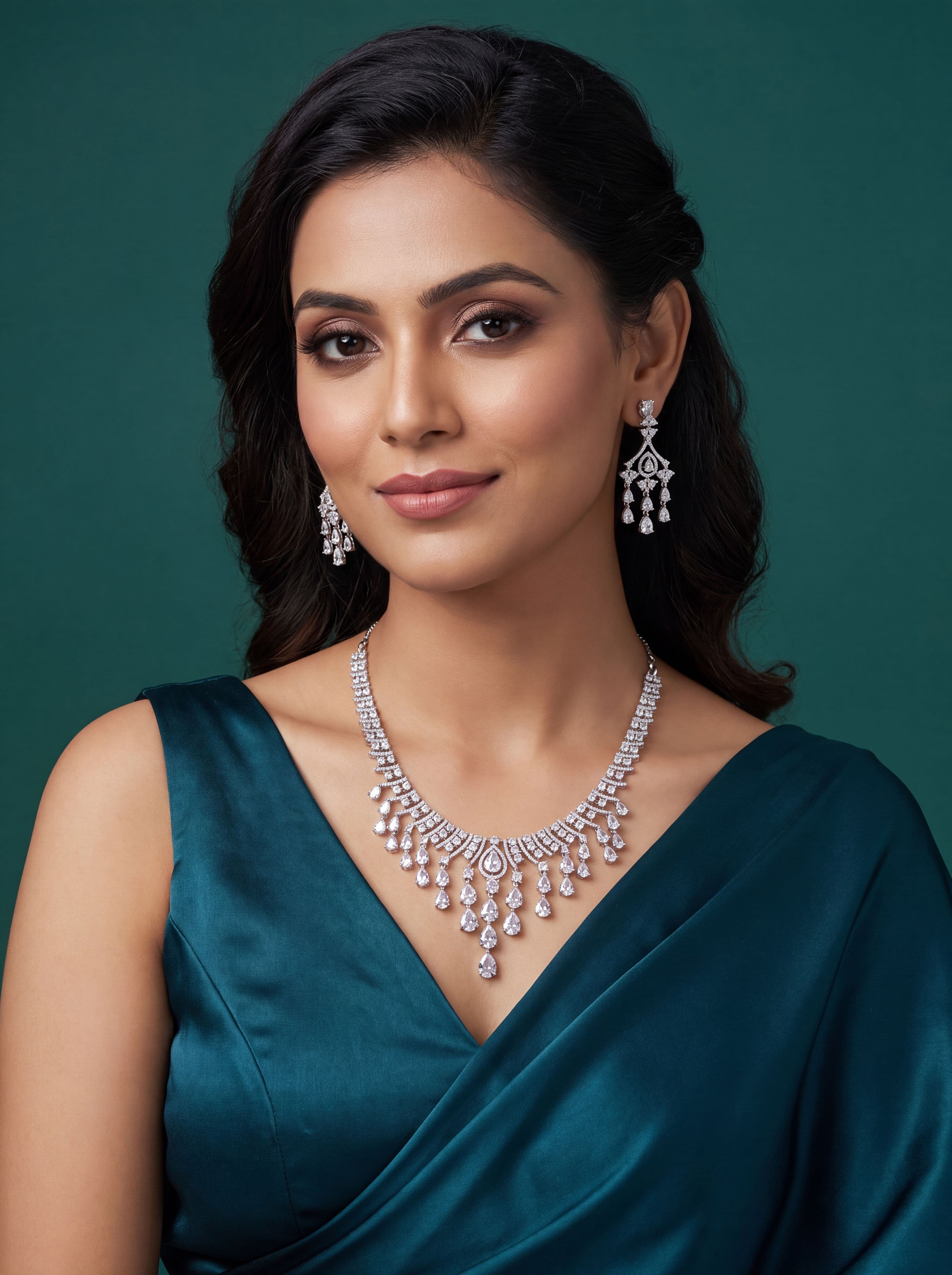 Luxury A.D. Diamond Silver Necklace Set with Teardrop CZ Stones | Bridal Party Wear Necklace & Earrings for Women