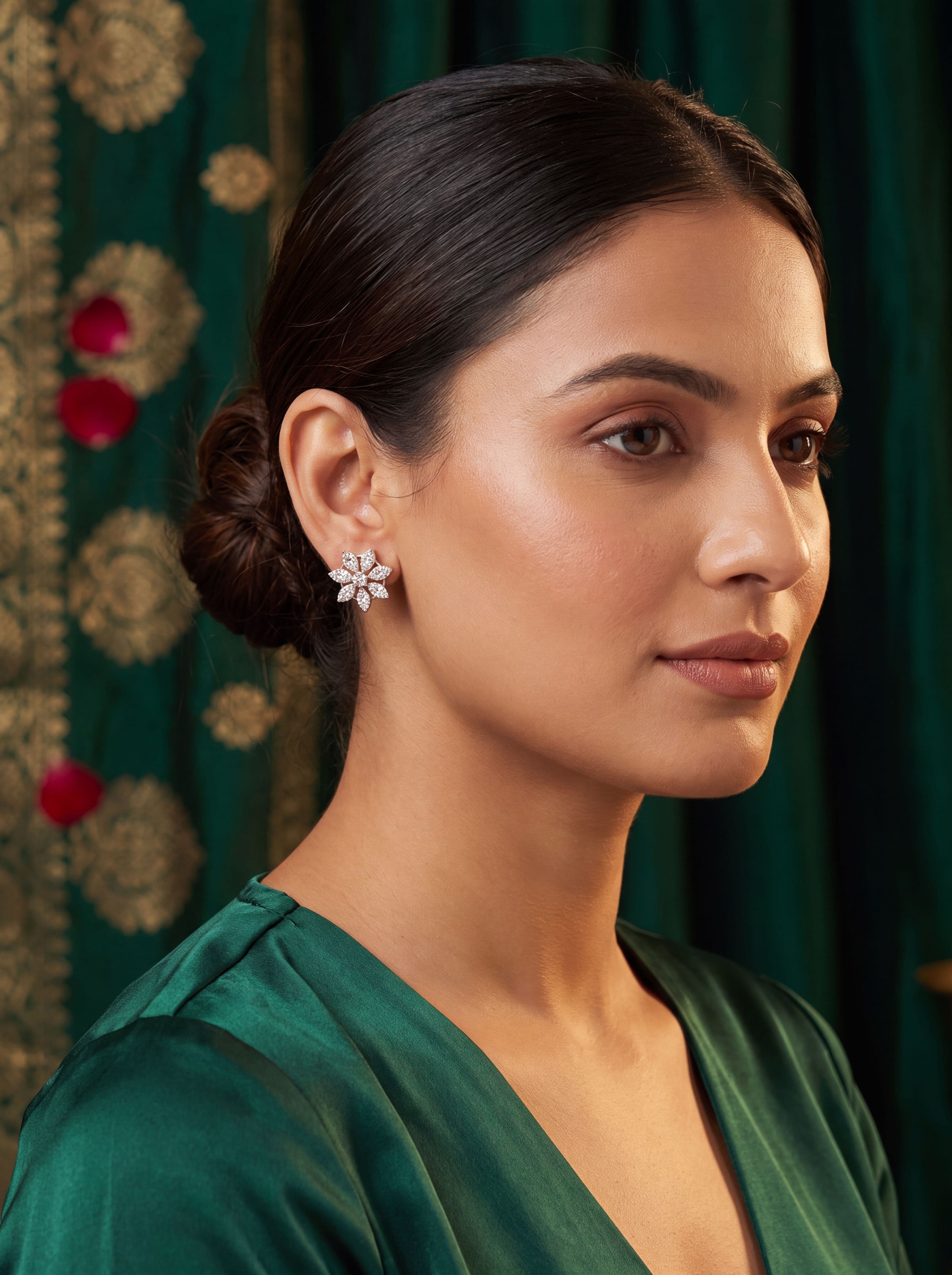 Luxury AD Diamond Two-Tone Floral Stud Earrings for Women | Premium CZ Party Wear Earrings