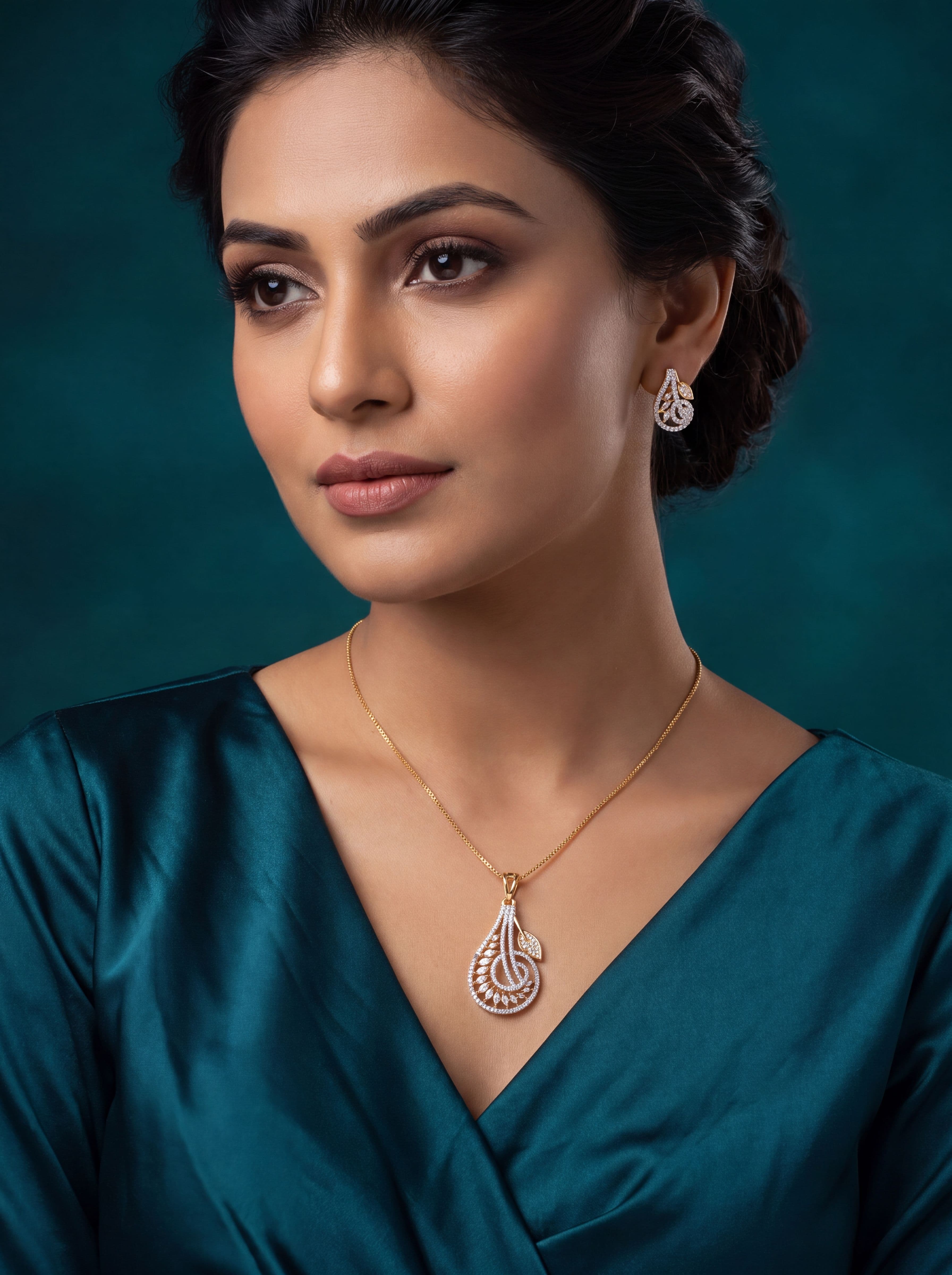 Elegant A.D. Diamond Two-Tone Pendant Set with Stud Earrings | CZ Gold & Silver Pendant Jewelry for Women