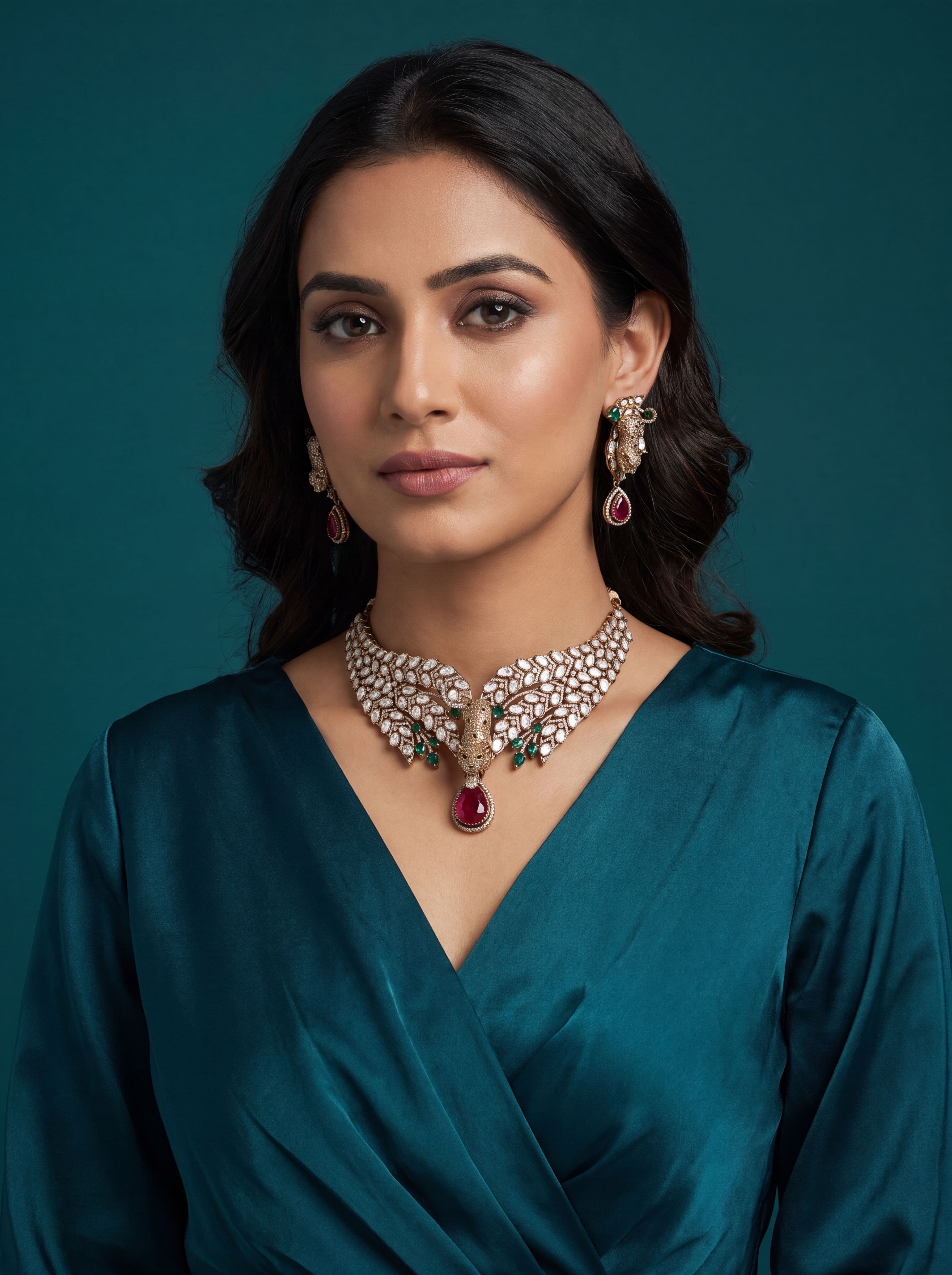 Royal Eagle Kundan AD Diamond Mahendi Polish Choker Necklace Set for Women with Matching Earrings – Bridal Wedding Jewelry