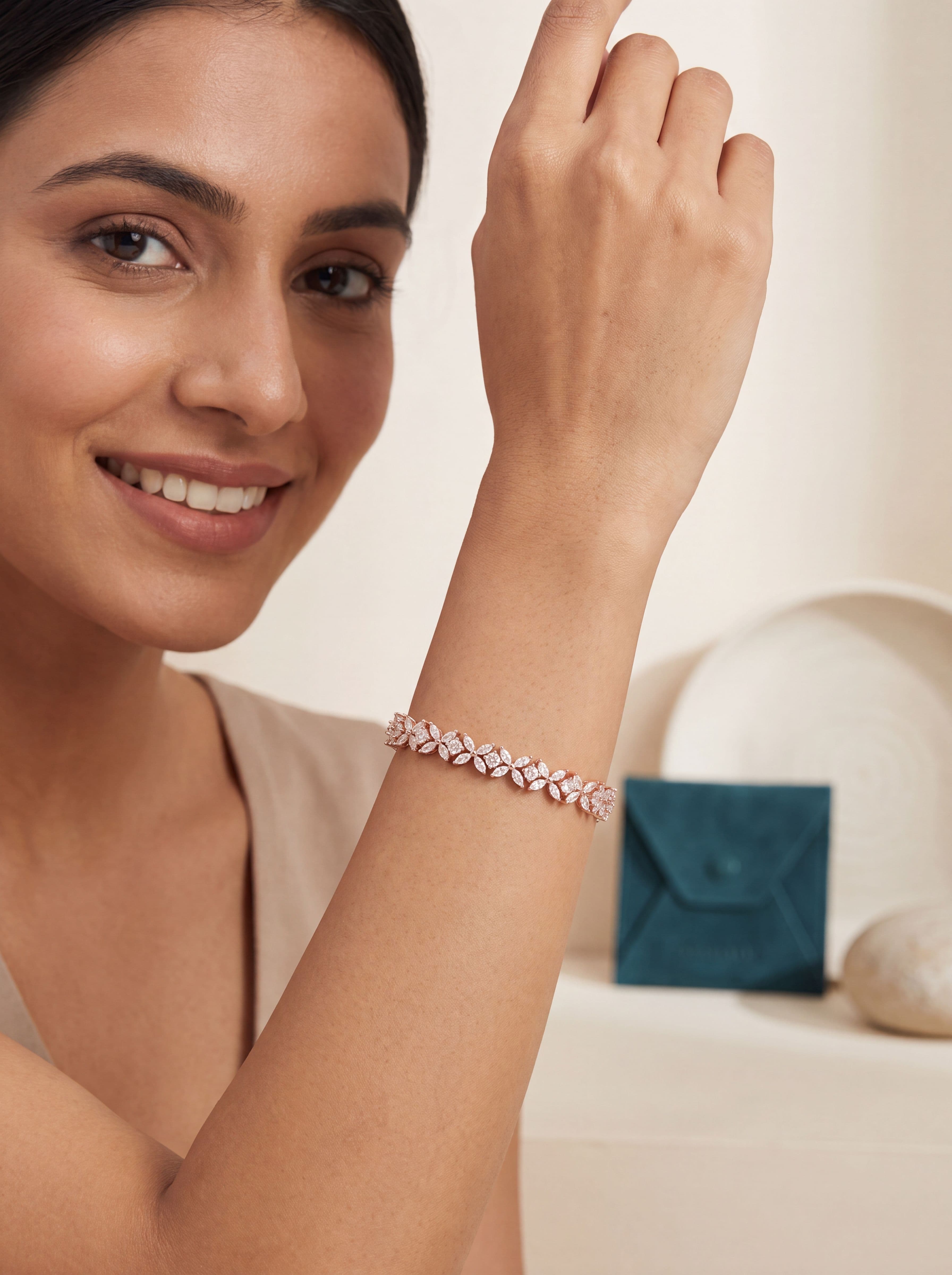 Luxury Rose Gold American Diamond Floral Tennis Bracelet for Women | Elegant CZ Party & Wedding Bracelet