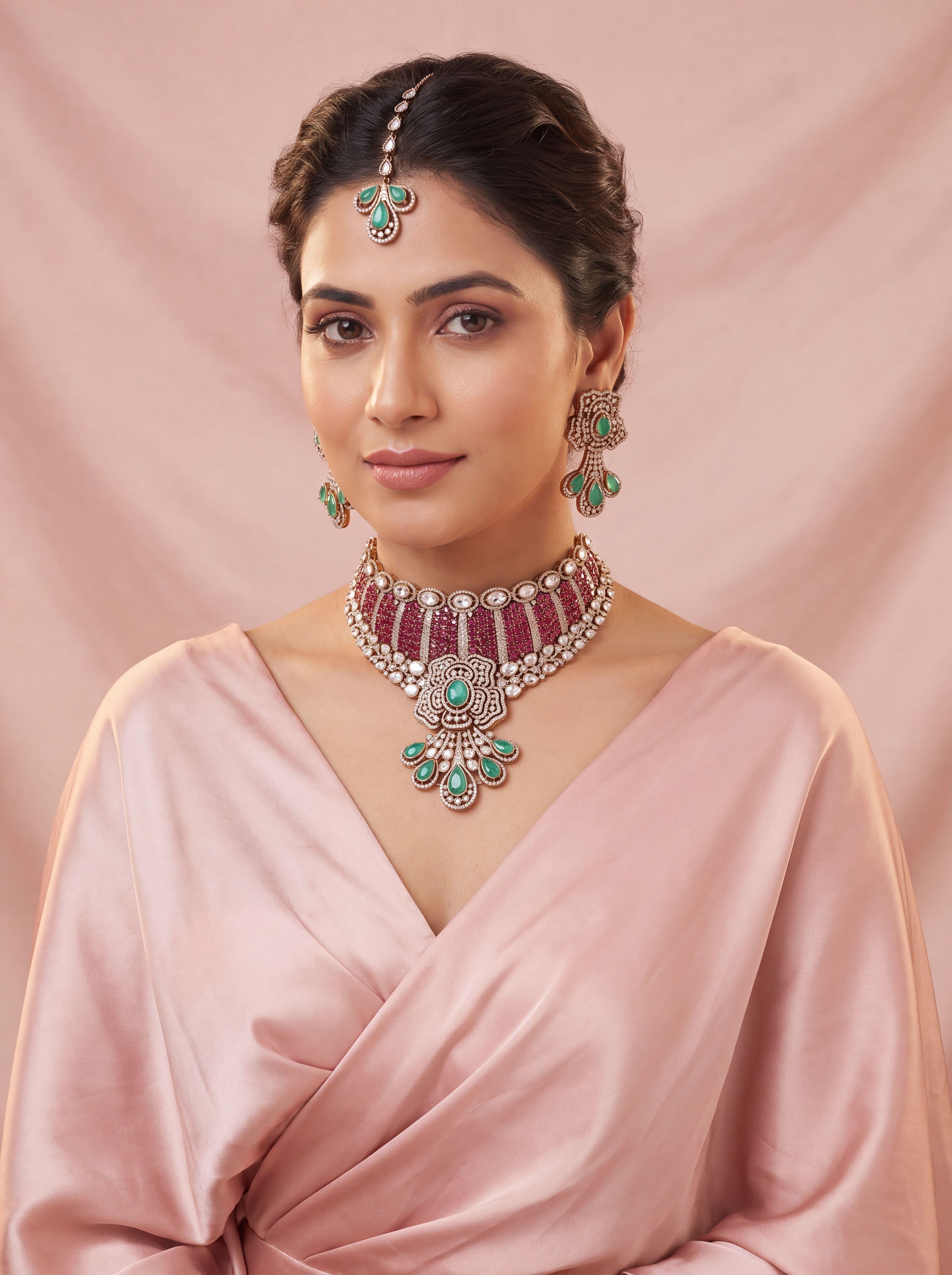 Emerald Bloom Kundan AD Diamond Mahendi Polish Choker Set with Earrings & Maang Tikka for Women