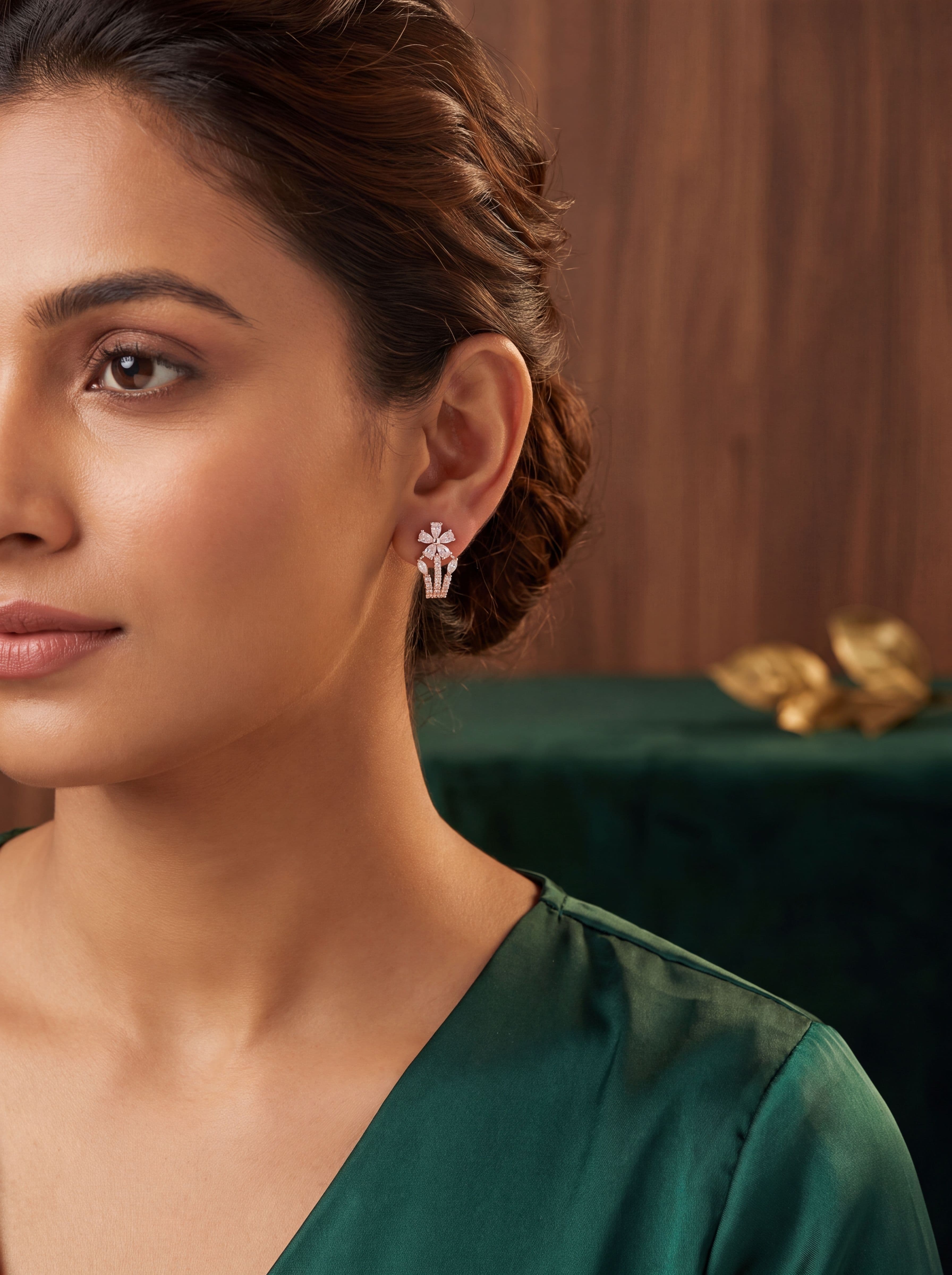 Elegant Rose Gold Flower Crown CZ Stud Earrings for Women | American Diamond Designer Daily & Party Wear Earrings