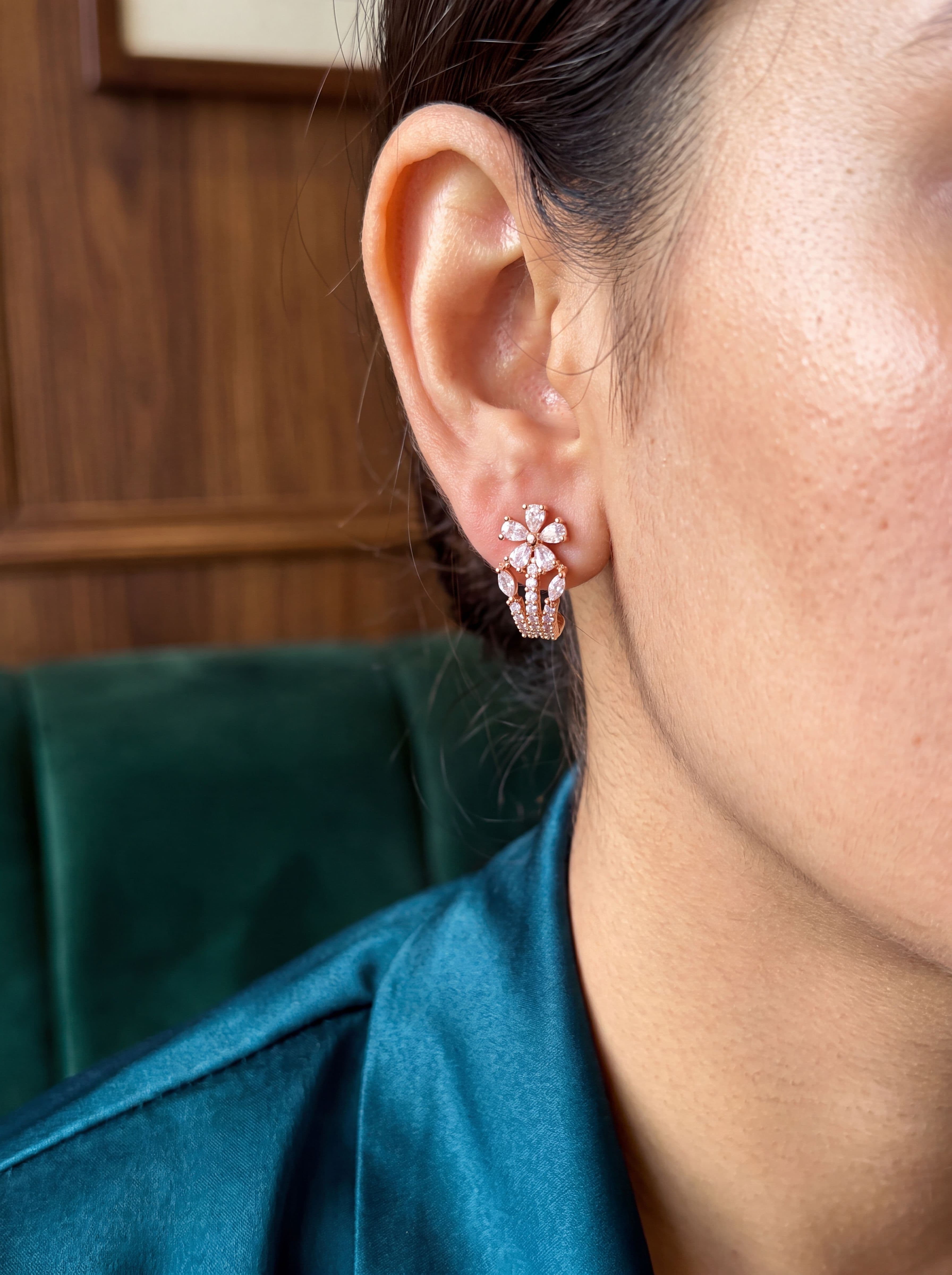 Elegant Rose Gold Flower Crown CZ Stud Earrings for Women | American Diamond Designer Daily & Party Wear Earrings