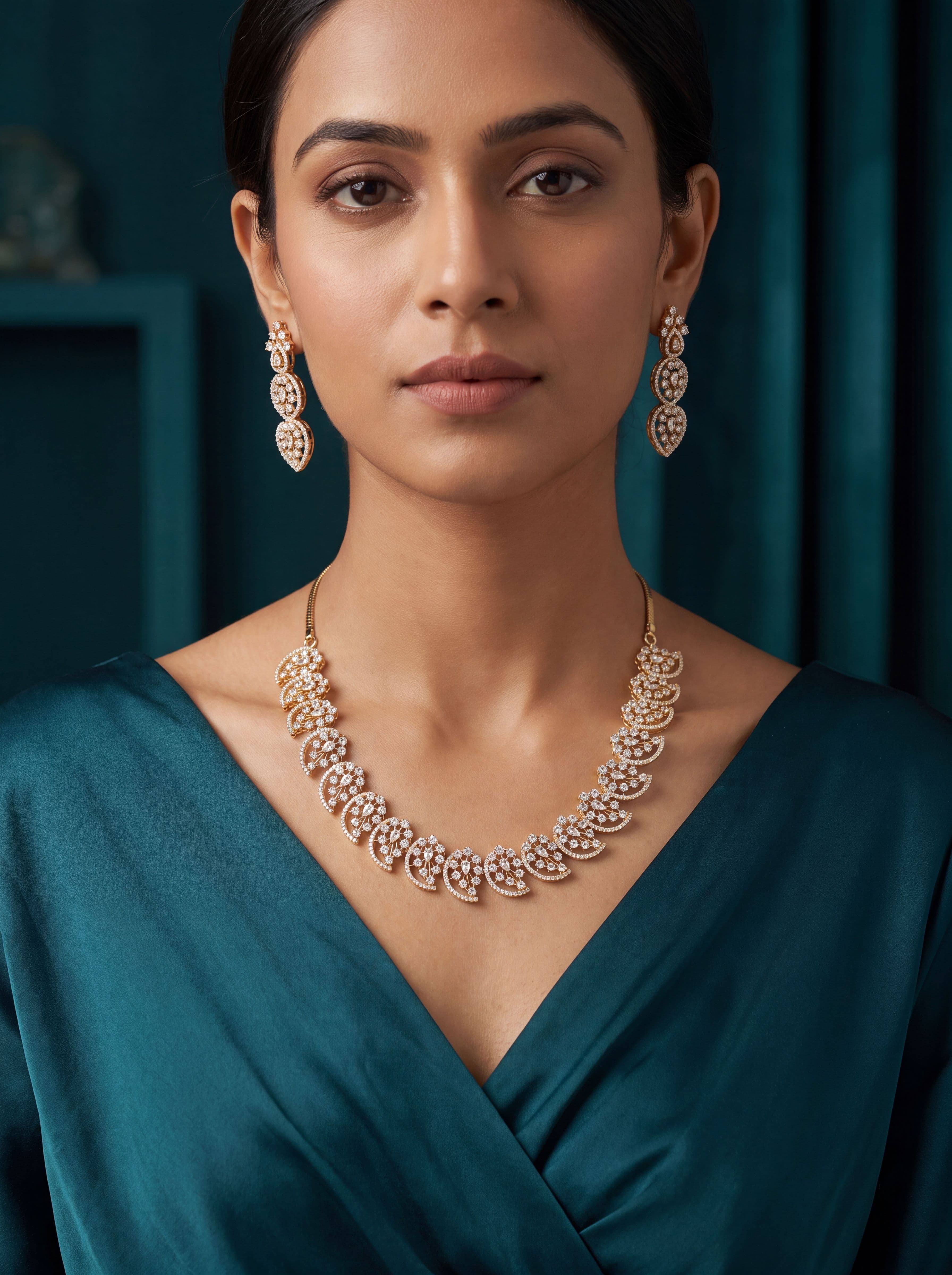 Luxury American Diamond Necklace Set for Women | White Rhodium Plated Floral CZ Wedding & Party Wear Jewelry