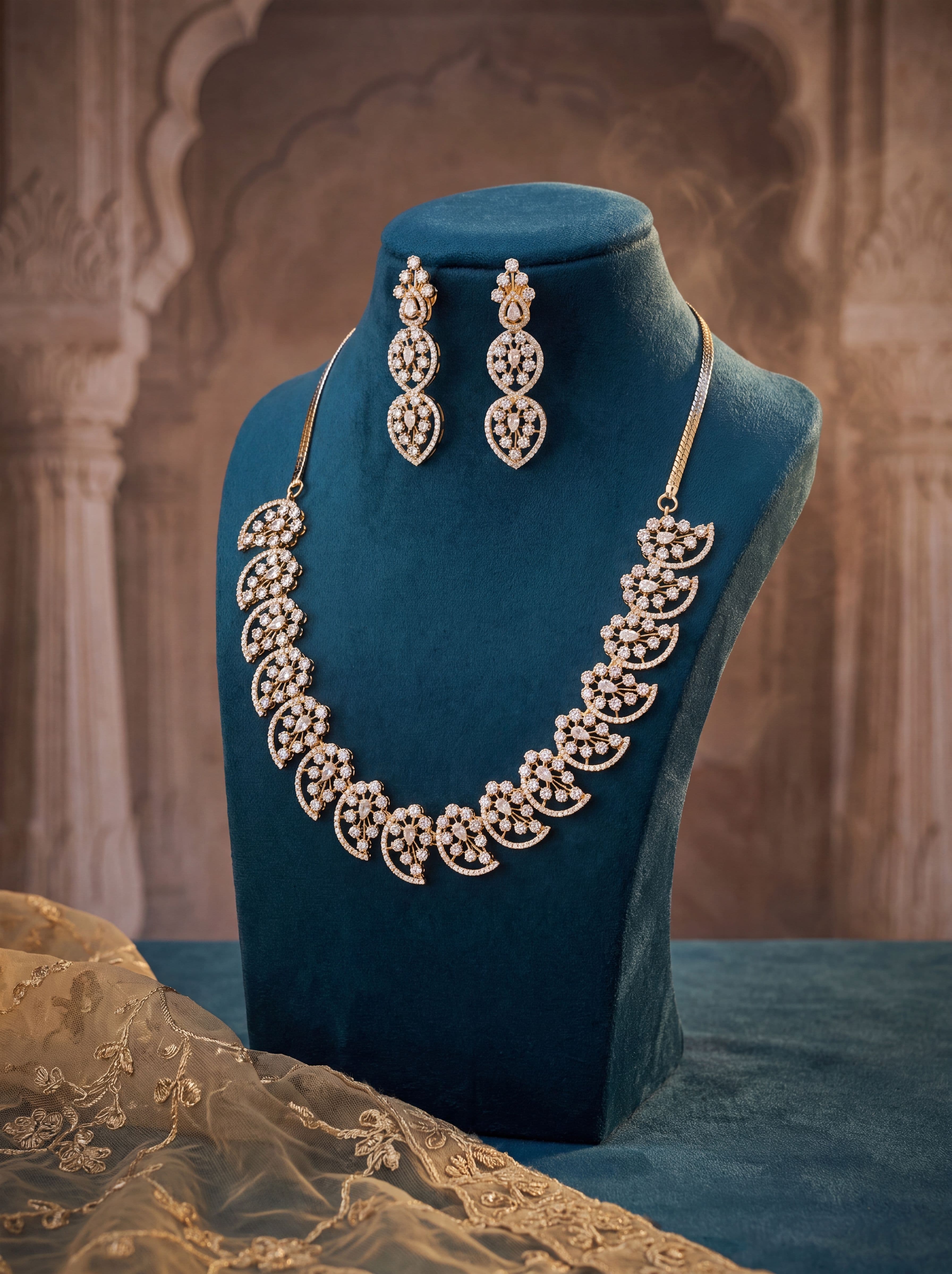 Luxury American Diamond Necklace Set for Women | White Rhodium Plated Floral CZ Wedding & Party Wear Jewelry