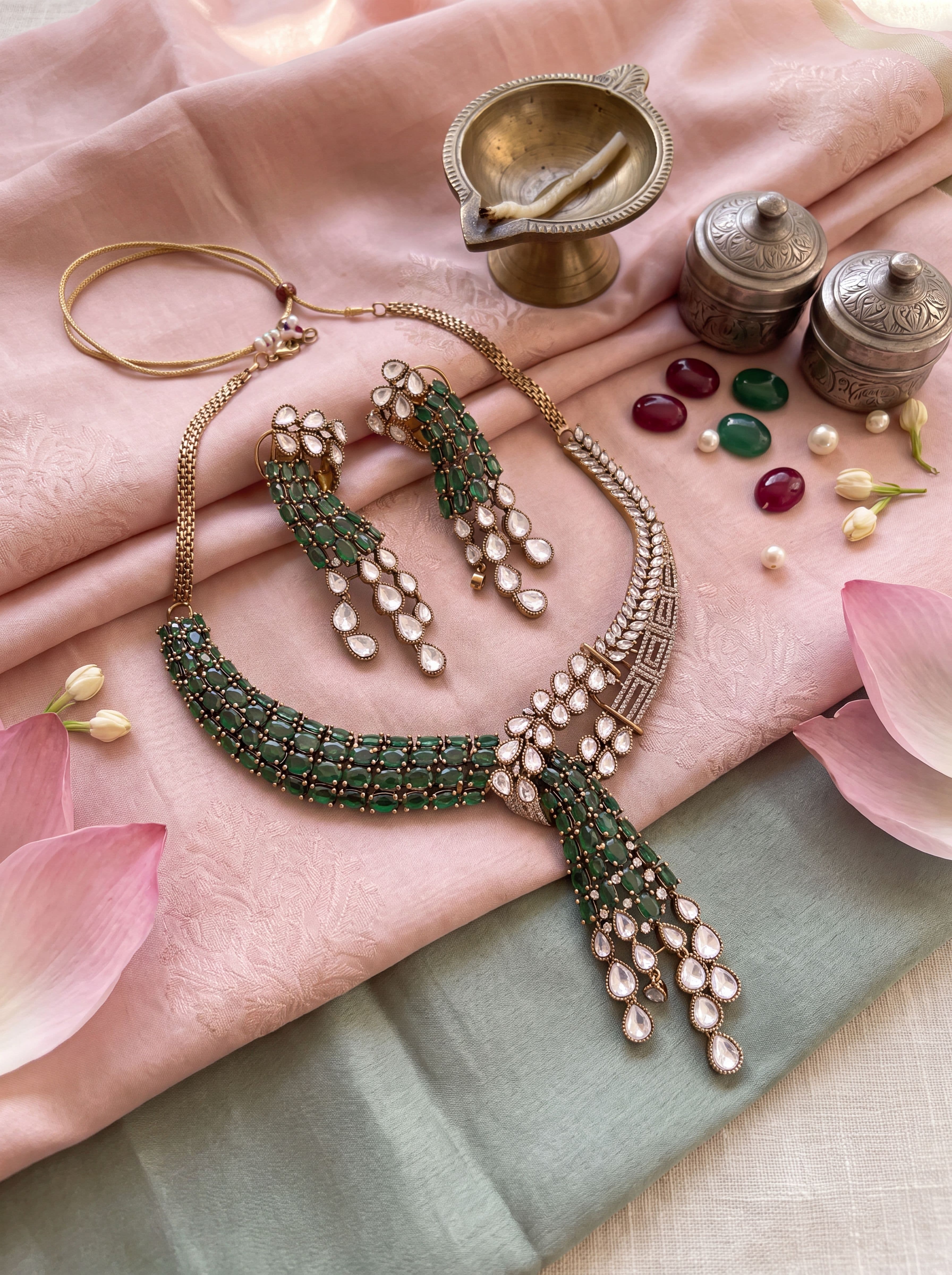 Emerald Green Kundan Necklace Set with AD Stones | Mehendi Polish Designer Bridal Jewelry for Women