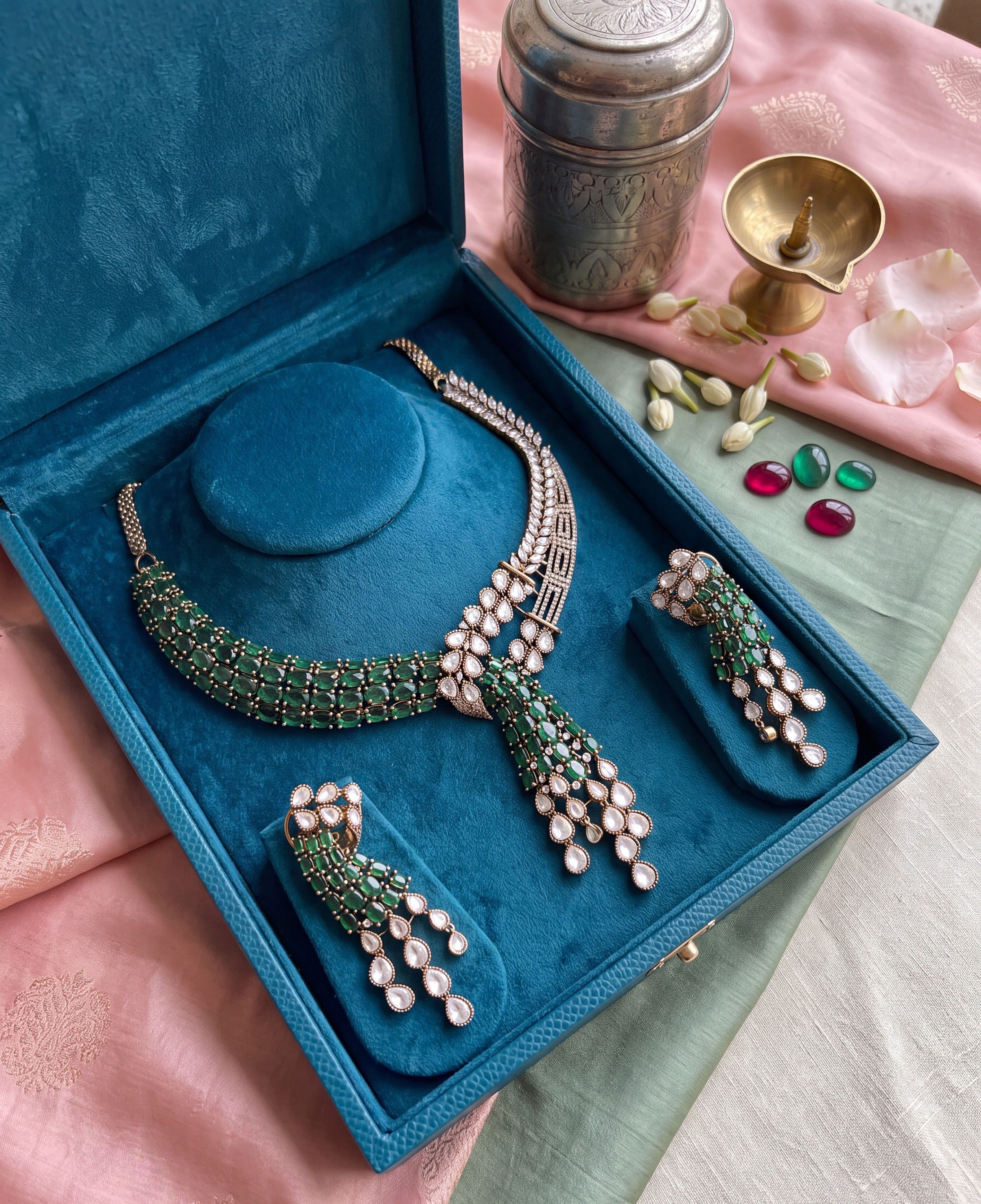 Emerald Green Kundan Necklace Set with AD Stones | Mehendi Polish Designer Bridal Jewelry for Women