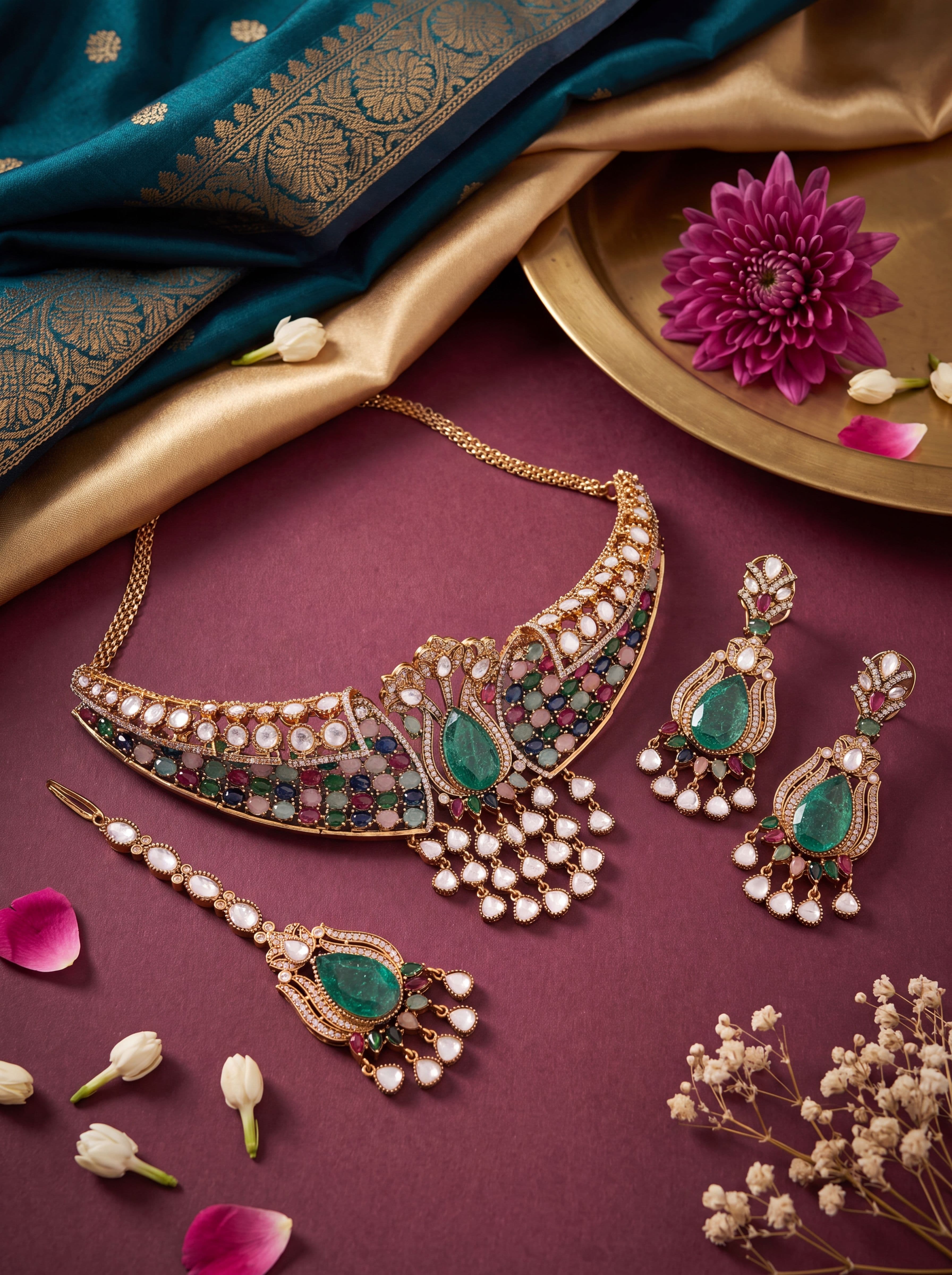 Luxury Emerald Multicolor Kundan Mehendi Polish Choker Necklace Set with Earrings & Maang Tikka | Bridal AD Diamond Wedding Jewelry for Women