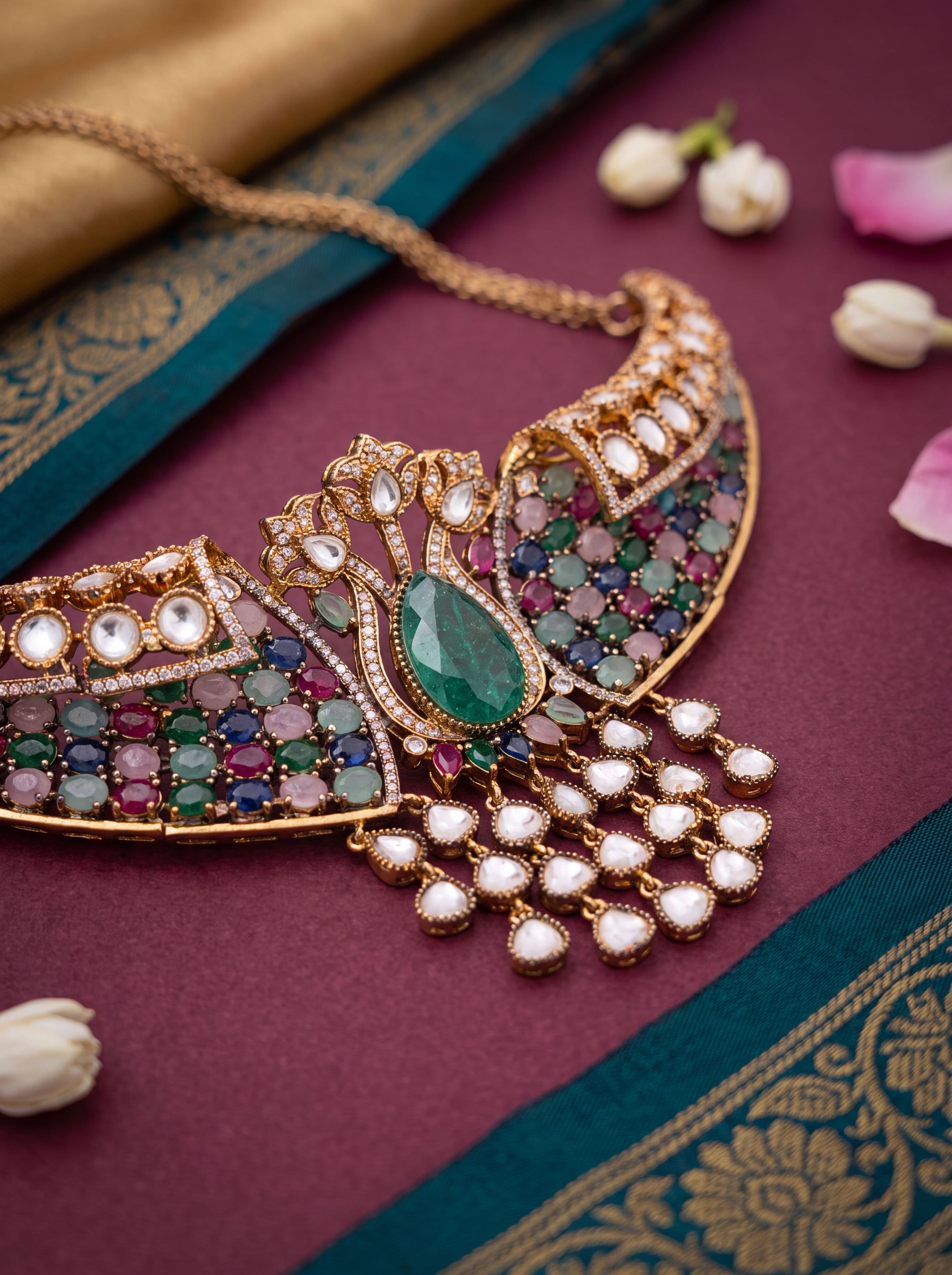 Luxury Emerald Multicolor Kundan Mehendi Polish Choker Necklace Set with Earrings & Maang Tikka | Bridal AD Diamond Wedding Jewelry for Women