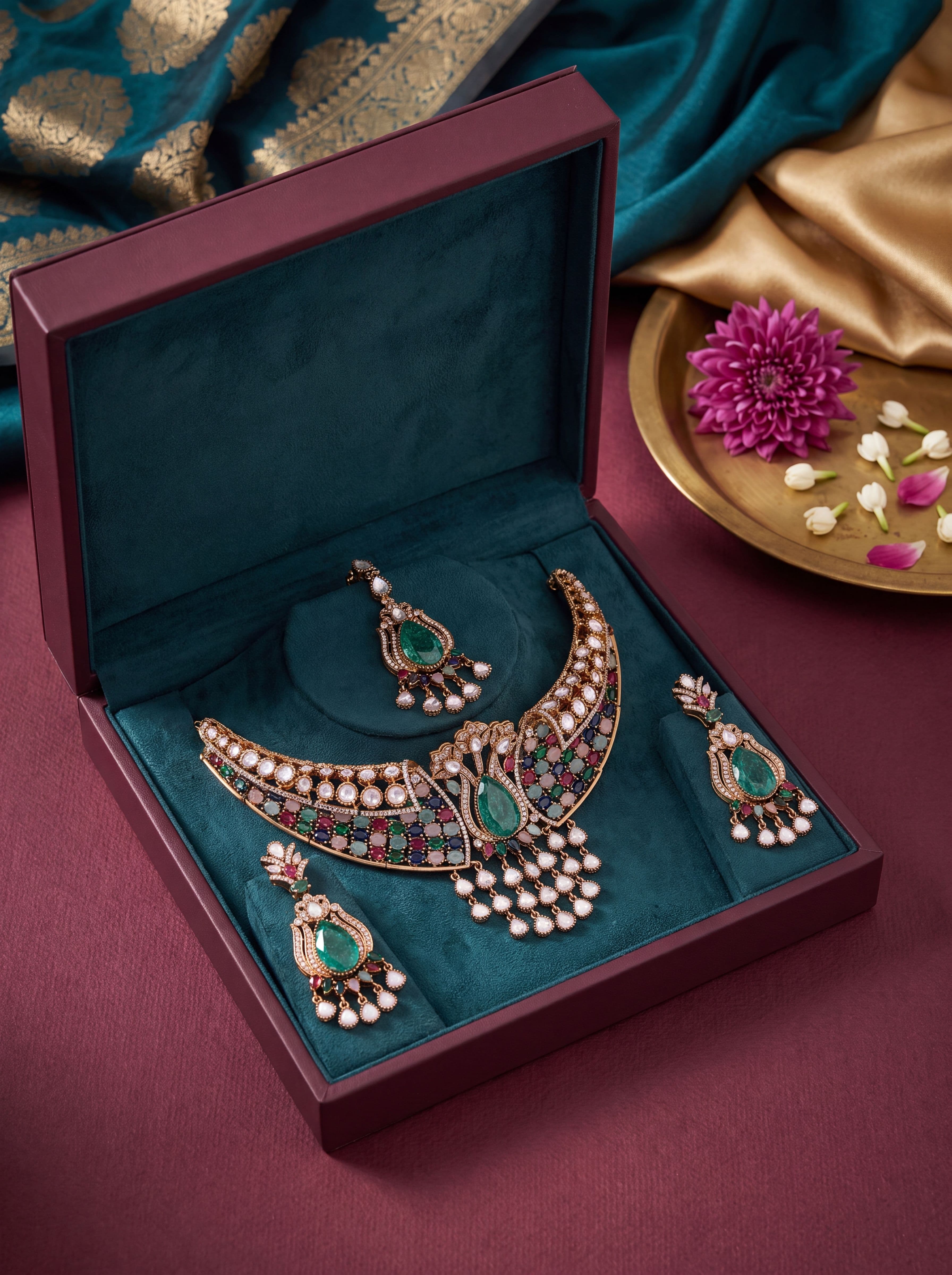 Luxury Emerald Multicolor Kundan Mehendi Polish Choker Necklace Set with Earrings & Maang Tikka | Bridal AD Diamond Wedding Jewelry for Women